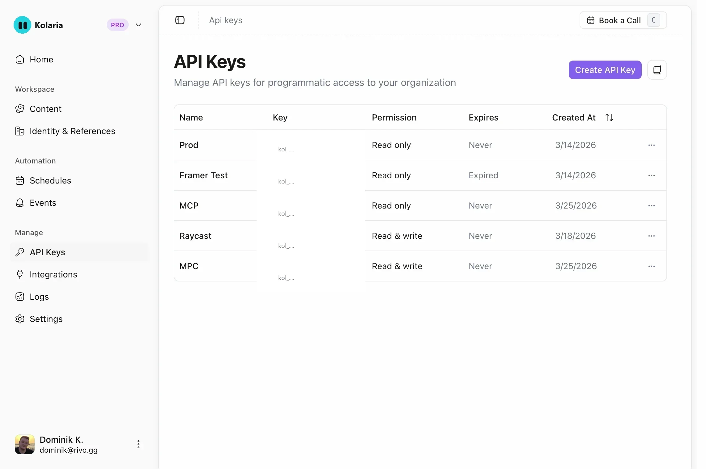 API Keys page, create a read-only key for Framer