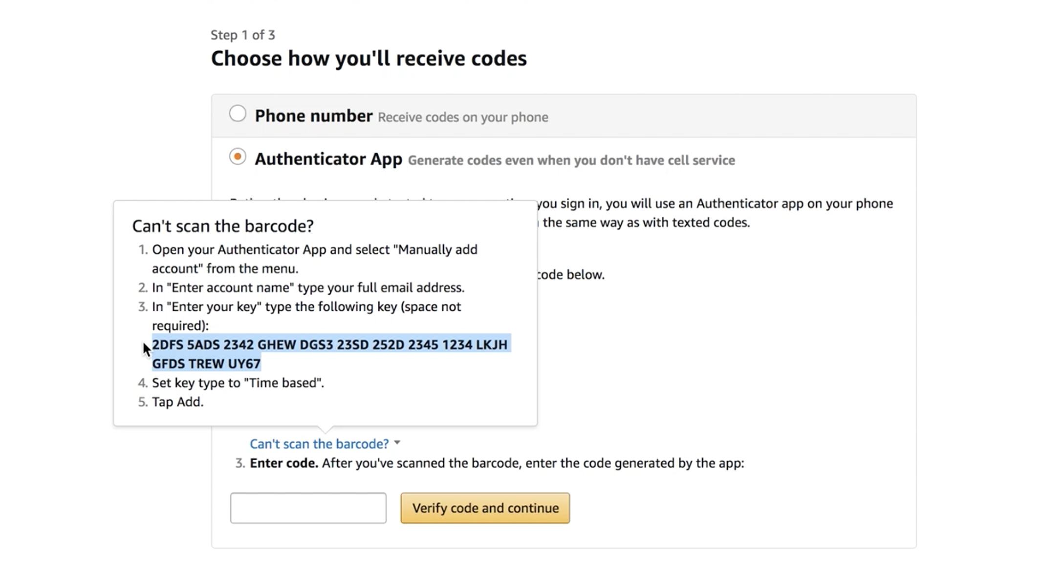 Amazon 2FA setup showing where to find the secret key