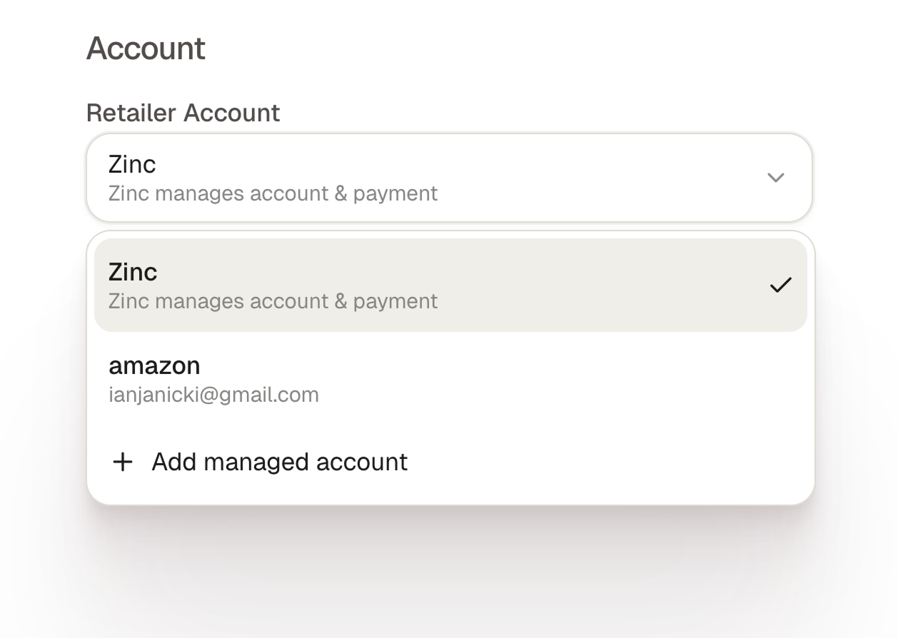 Account selection dropdown