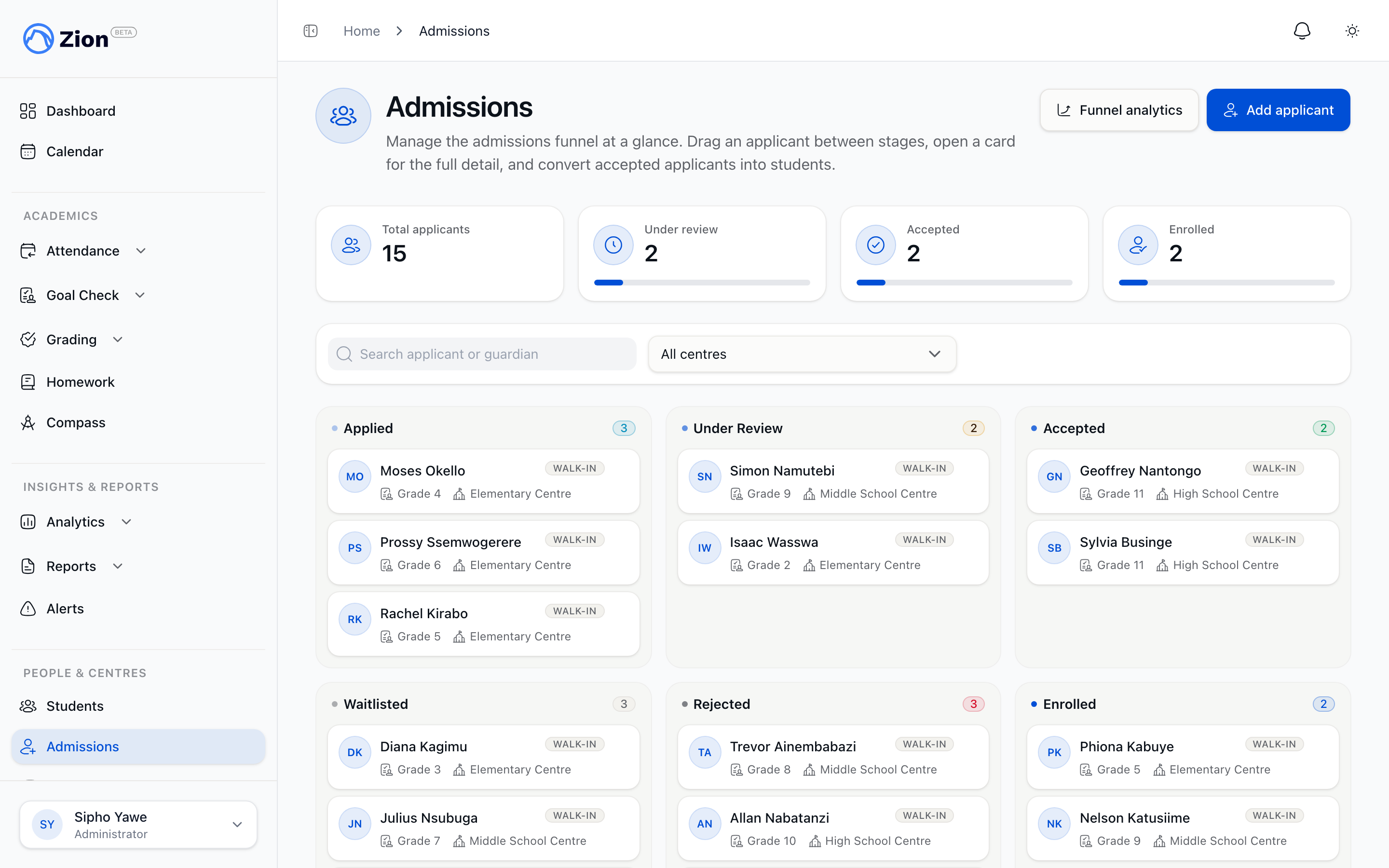 A kanban board of applicant cards arranged across six admissions pipeline stages
