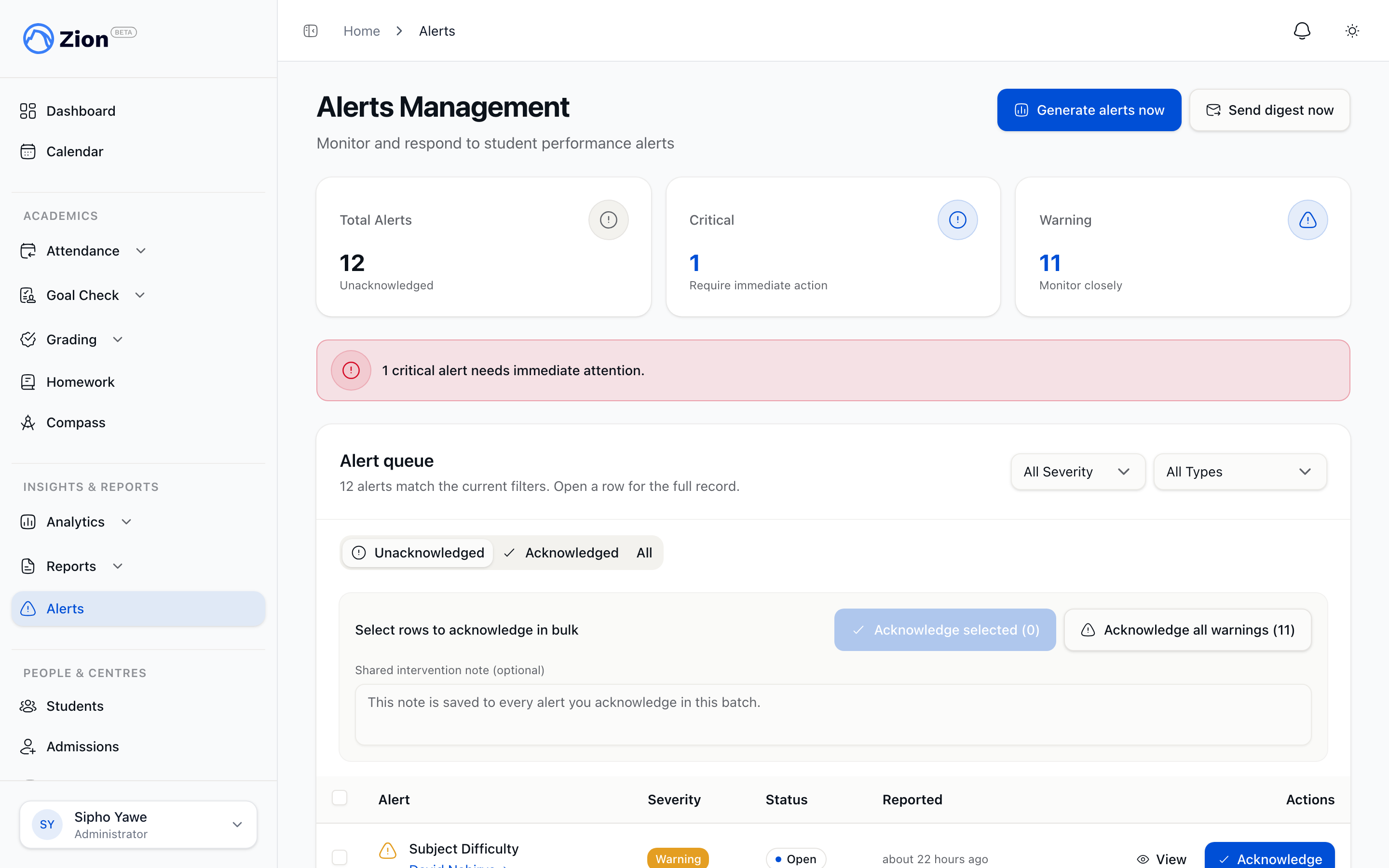 Alerts inbox listing student, centre, and subject alerts