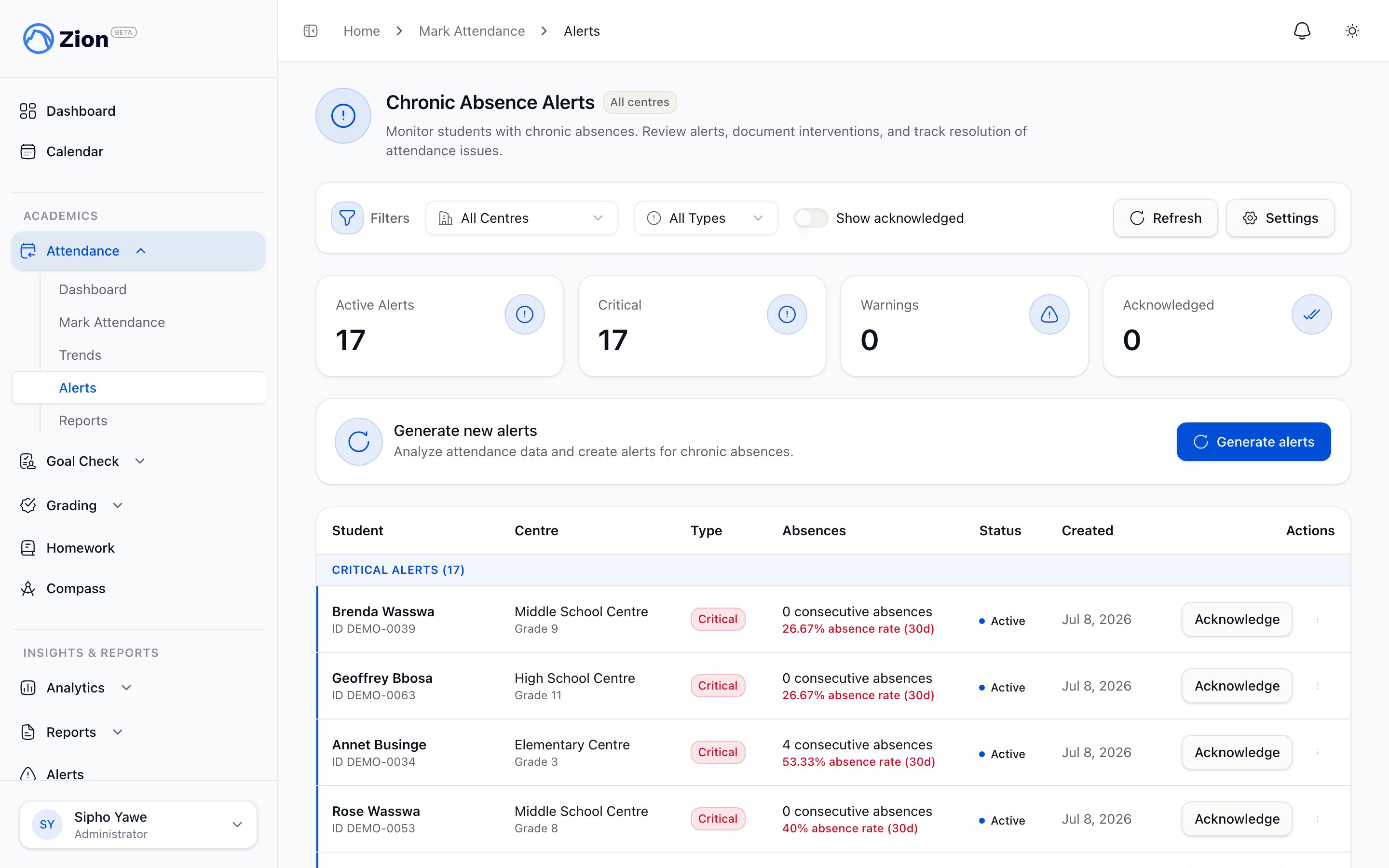 Chronic absence alerts list with warning and critical severity