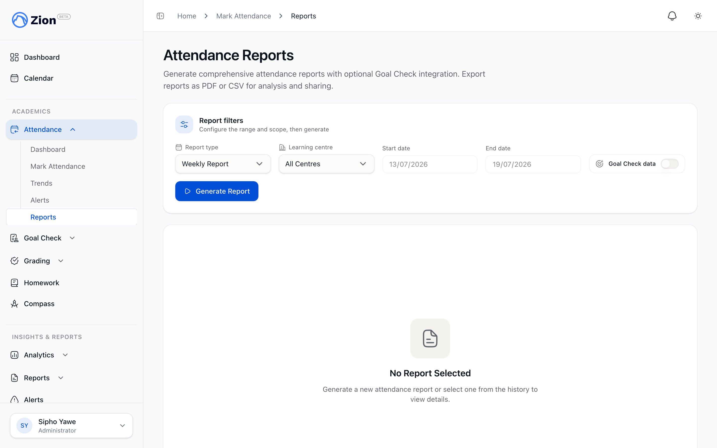 Attendance report showing present, absent, and late totals for a period