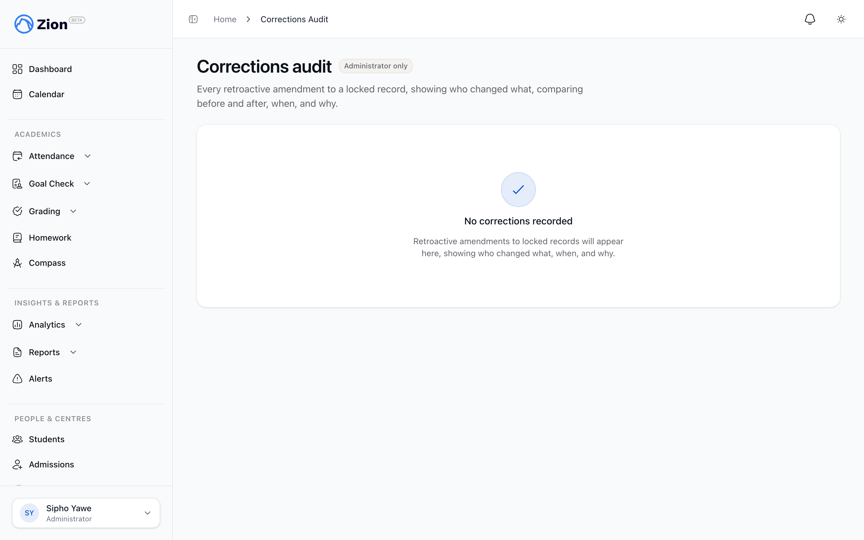Corrections audit log showing actor, action type, and change summary