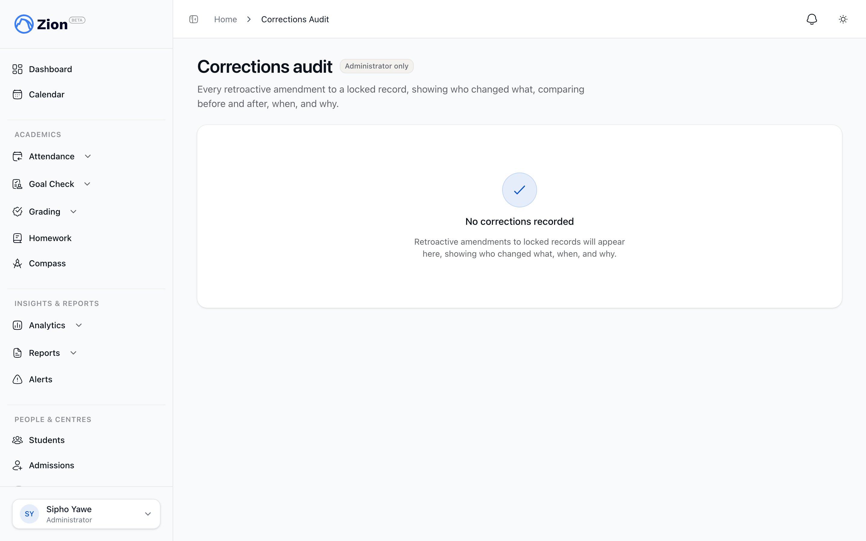 Corrections audit log showing actor, action type, and change summary