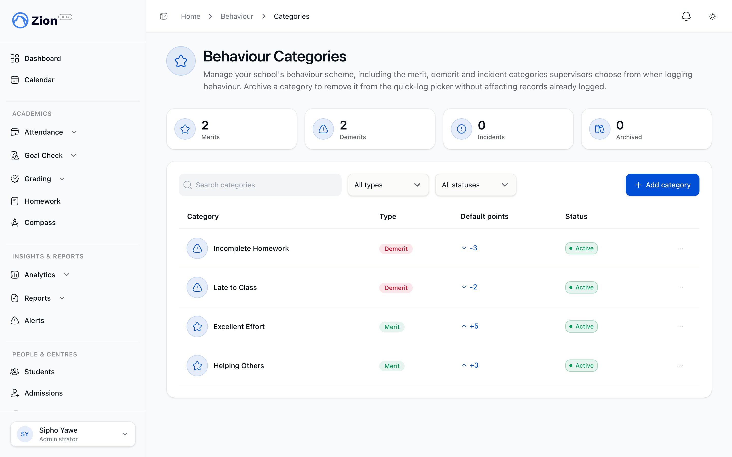The behaviour categories management page listing merit, demerit, and incident categories with point values
