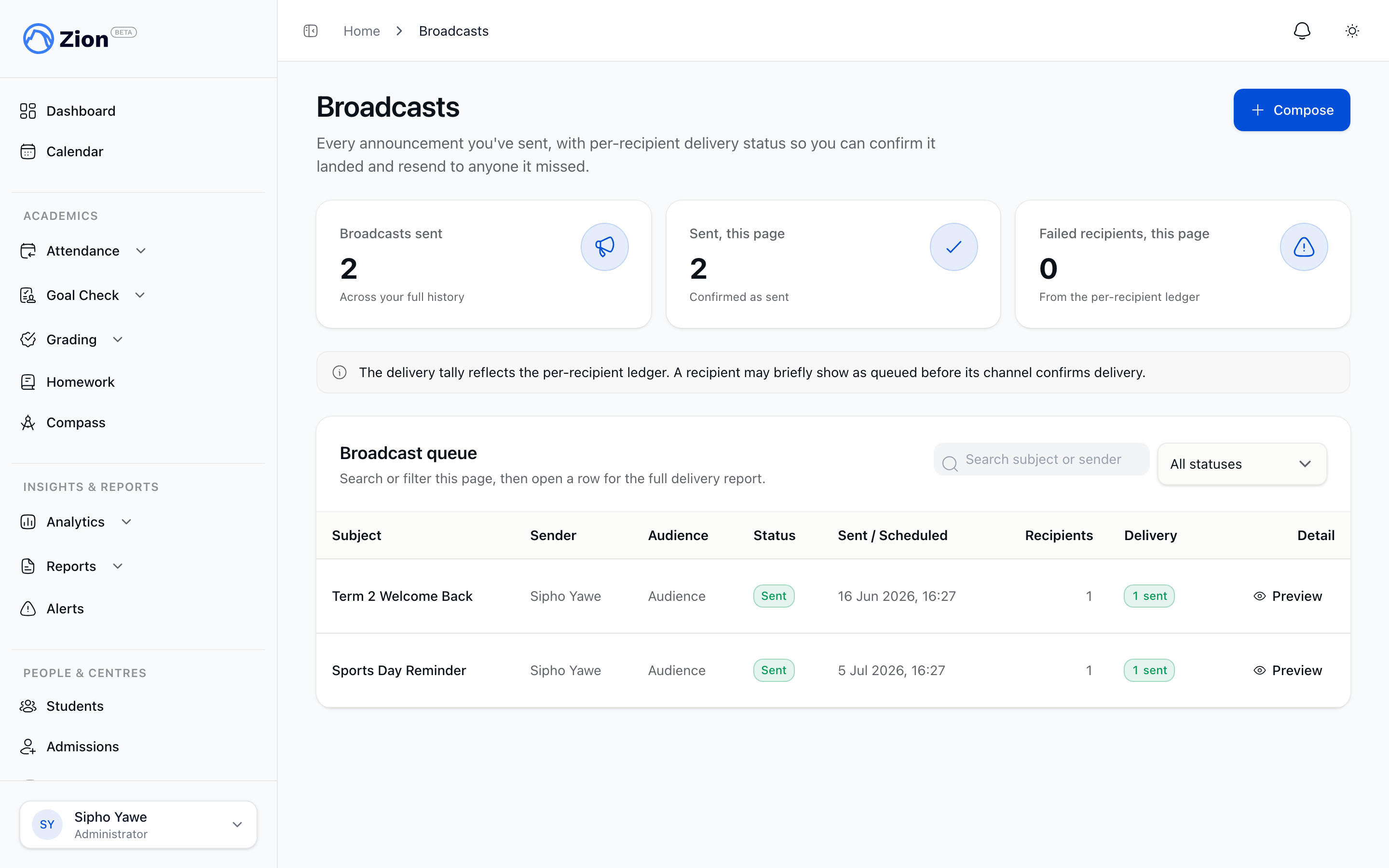 A broadcast compose screen with subject, message, audience scope, and a recipient count