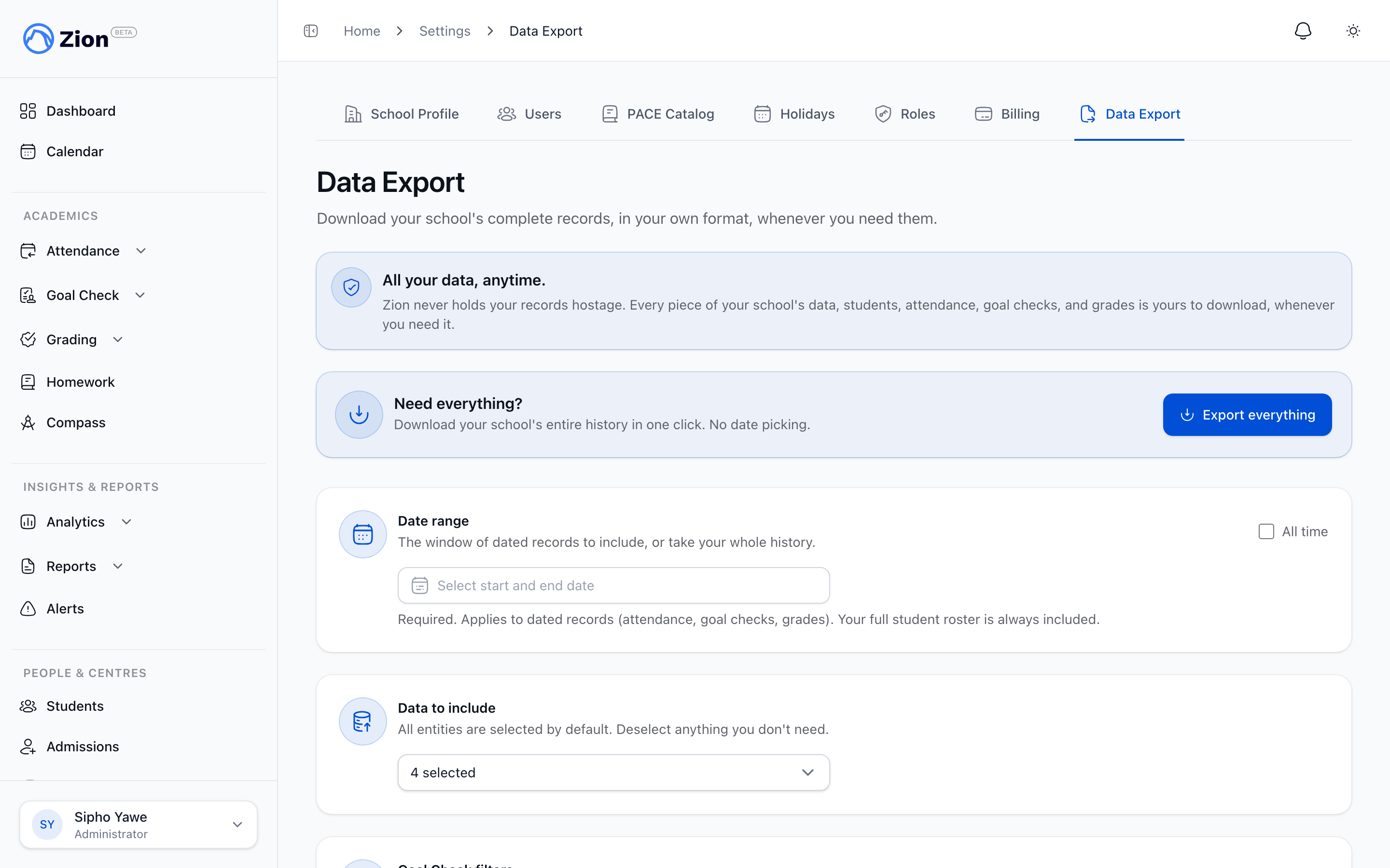 Export center showing record type selection and scope filters