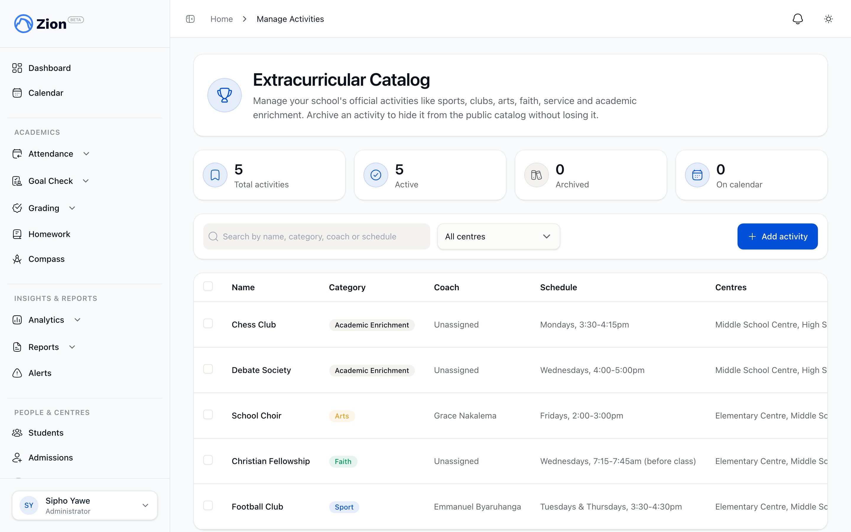 A catalog of extracurricular activities showing category, person in charge, and schedule
