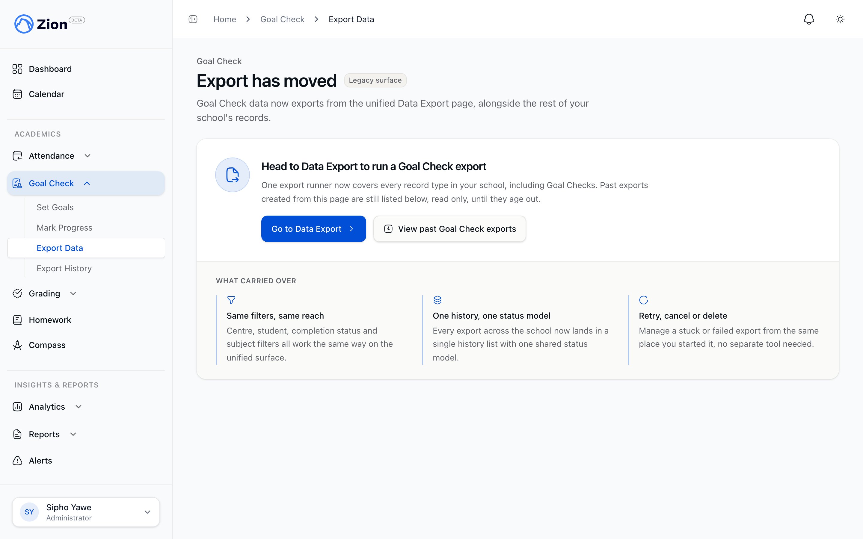 Data export screen with goal checks selected among export entities