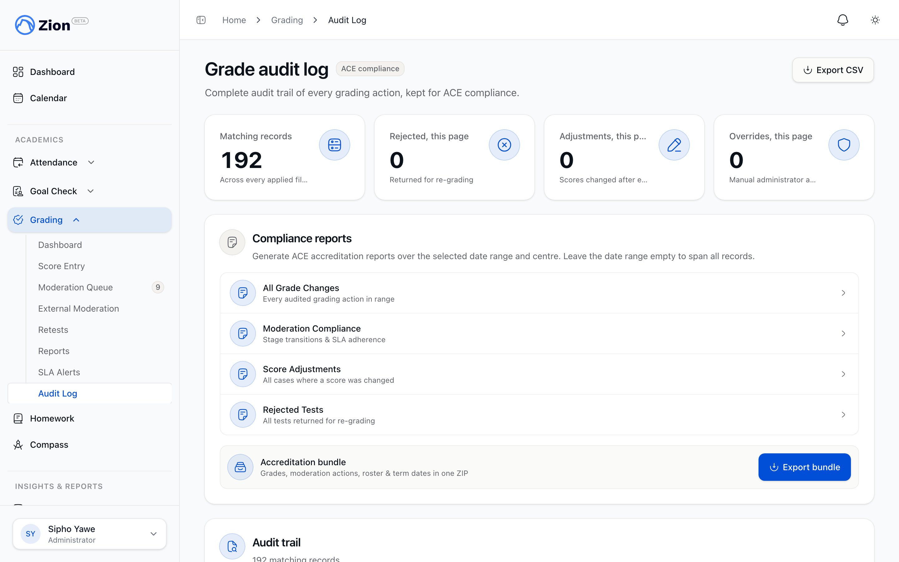 Grading audit log listing score entries and moderation actions