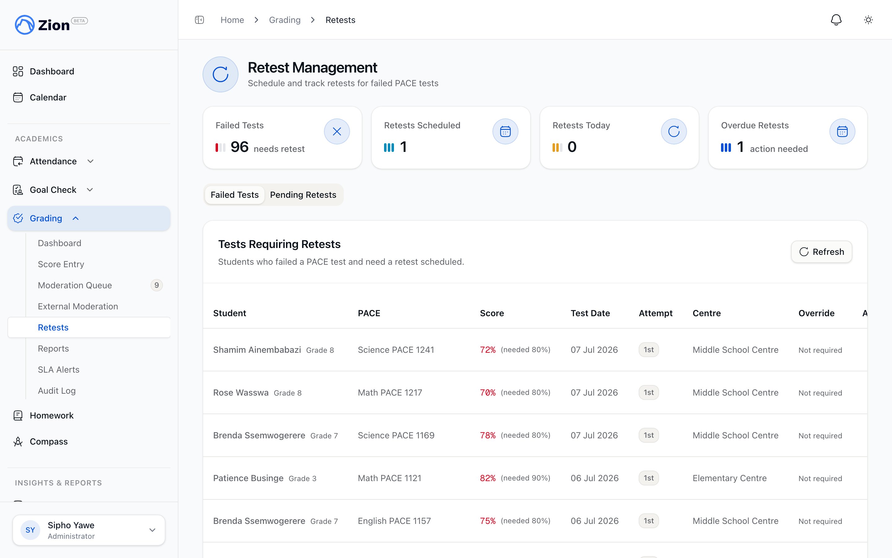 Retests screen listing failed tests and pending retest dates