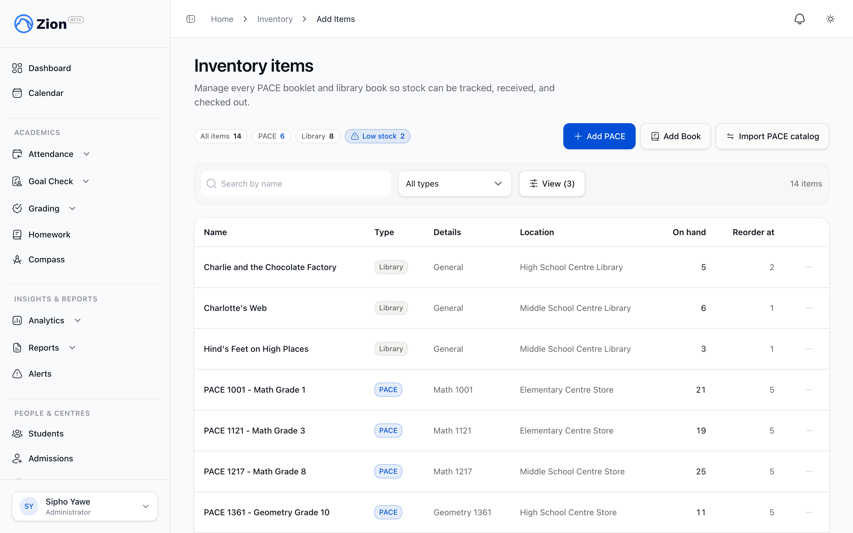 A list of inventory items showing quantity on hand and reorder status