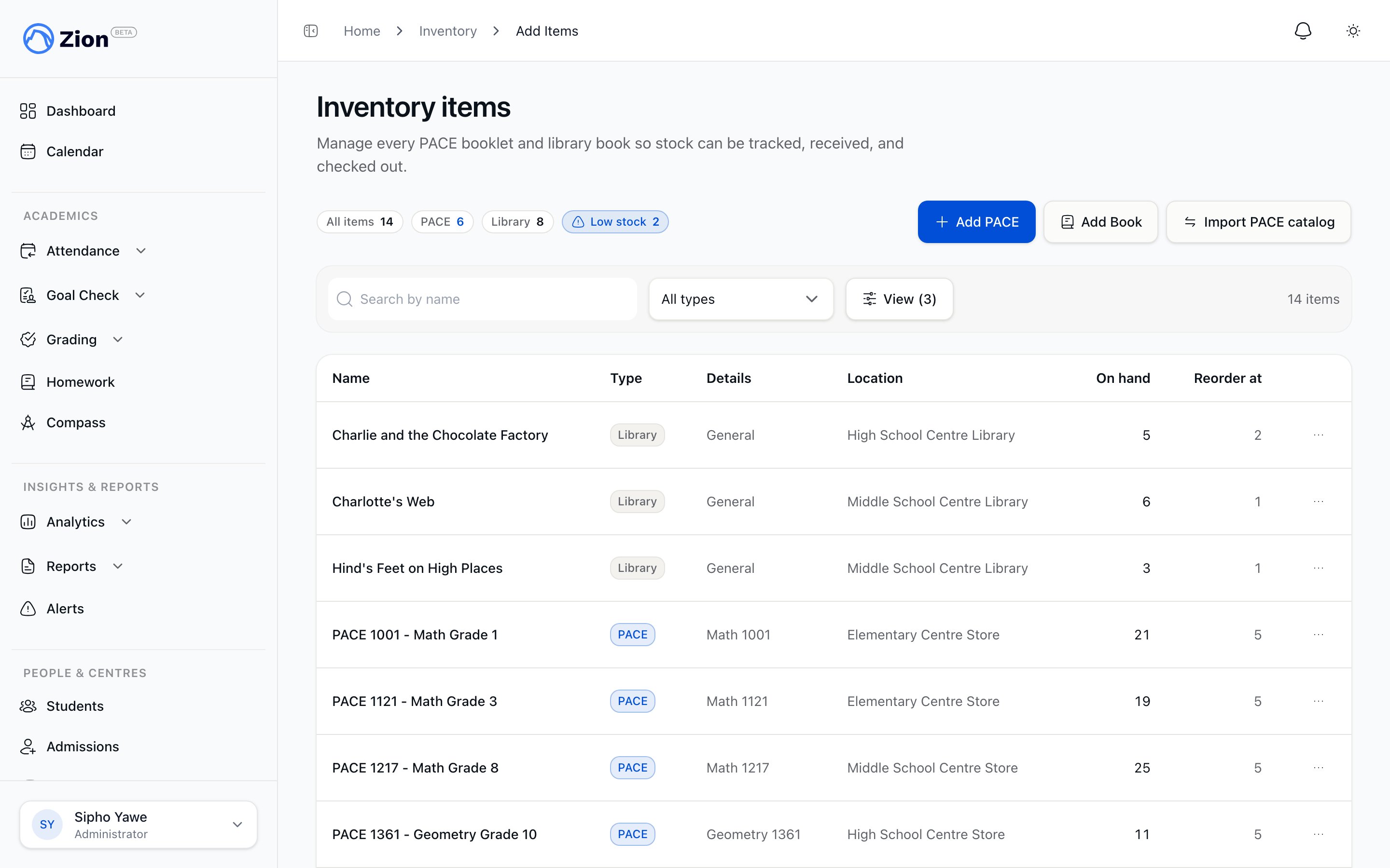 A list of inventory items showing quantity on hand and reorder status