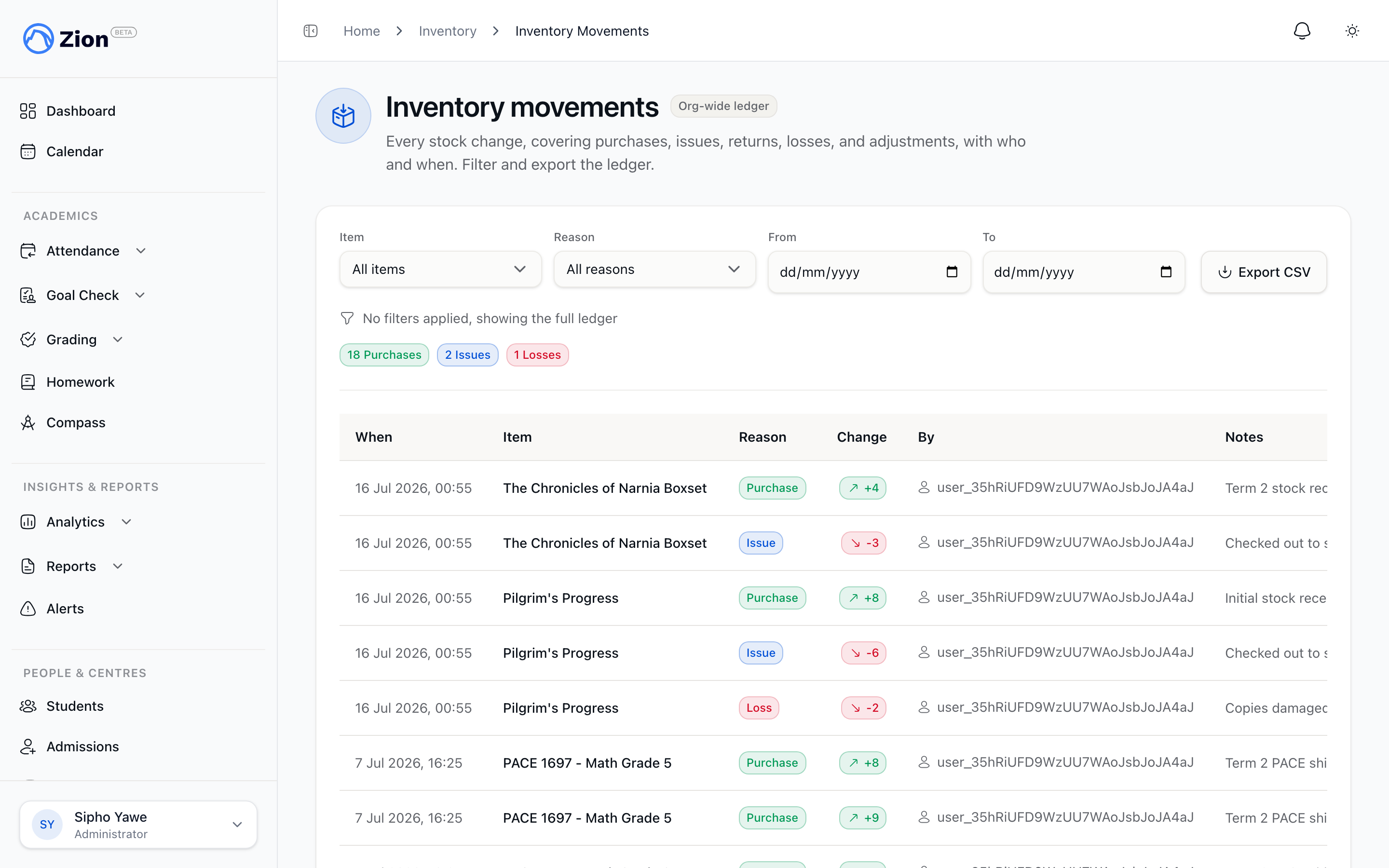 A movement ledger listing stock changes with reason, quantity, and date