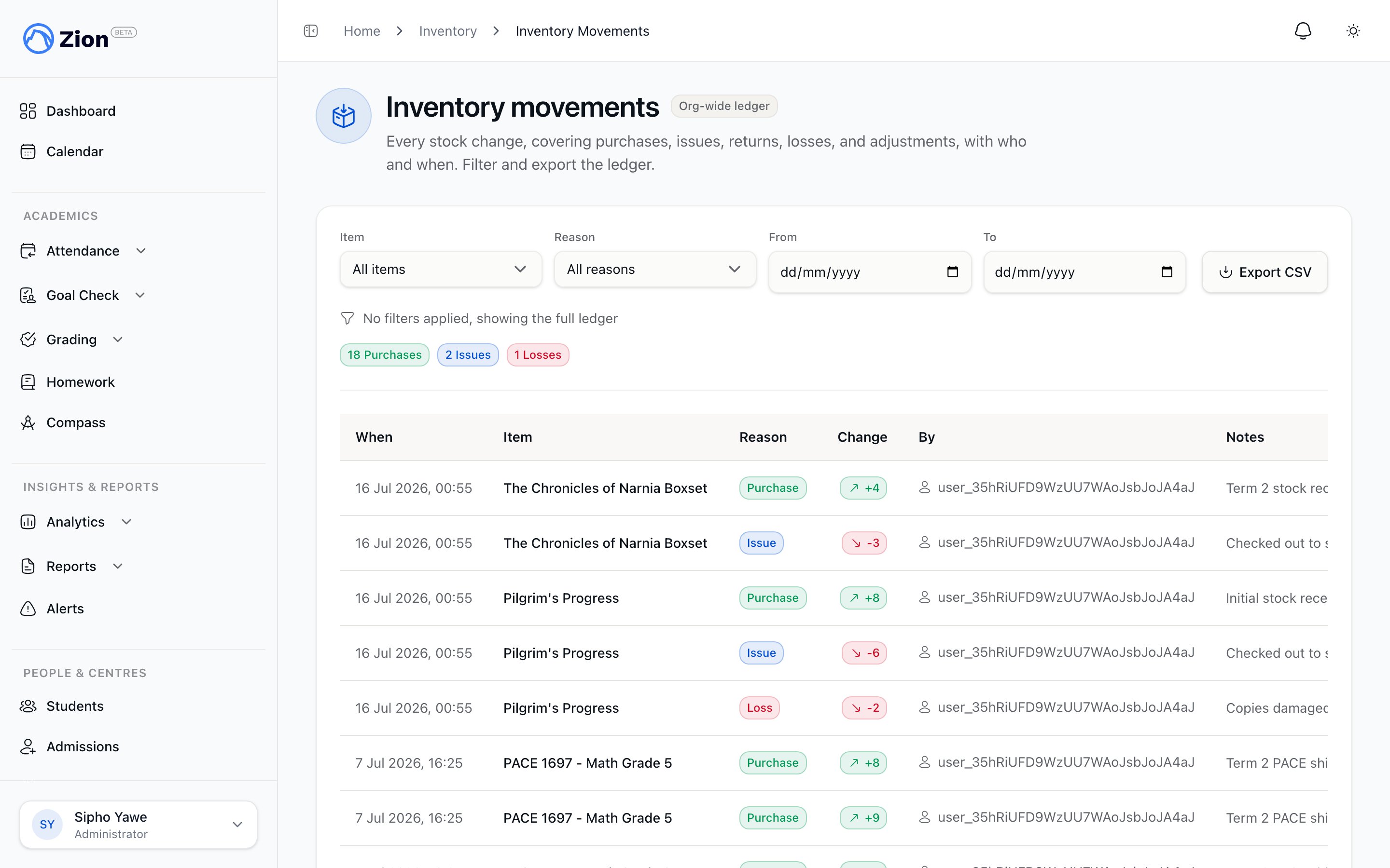A movement ledger listing stock changes with reason, quantity, and date
