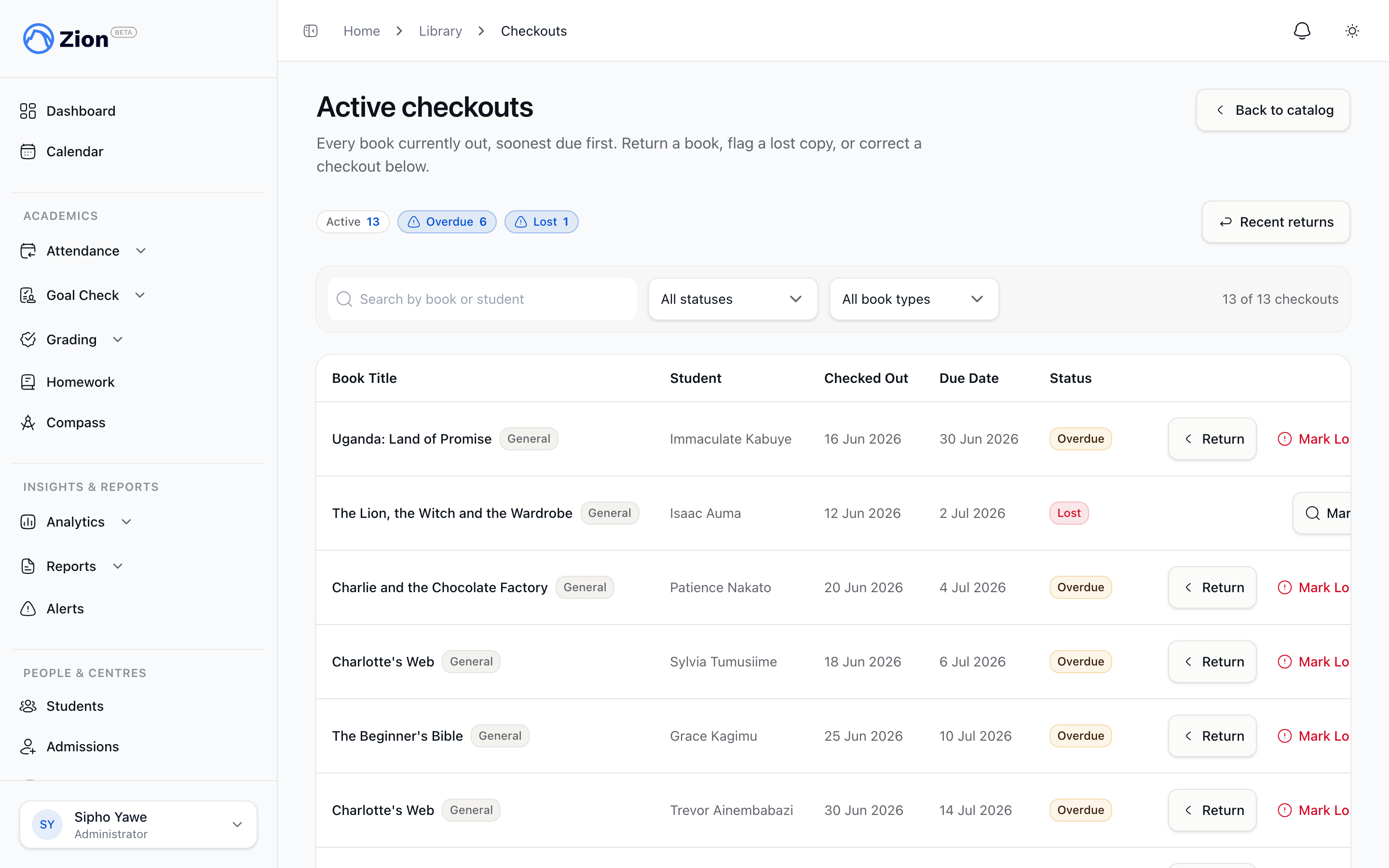 An active checkouts list with overdue and lost status flags on individual rows