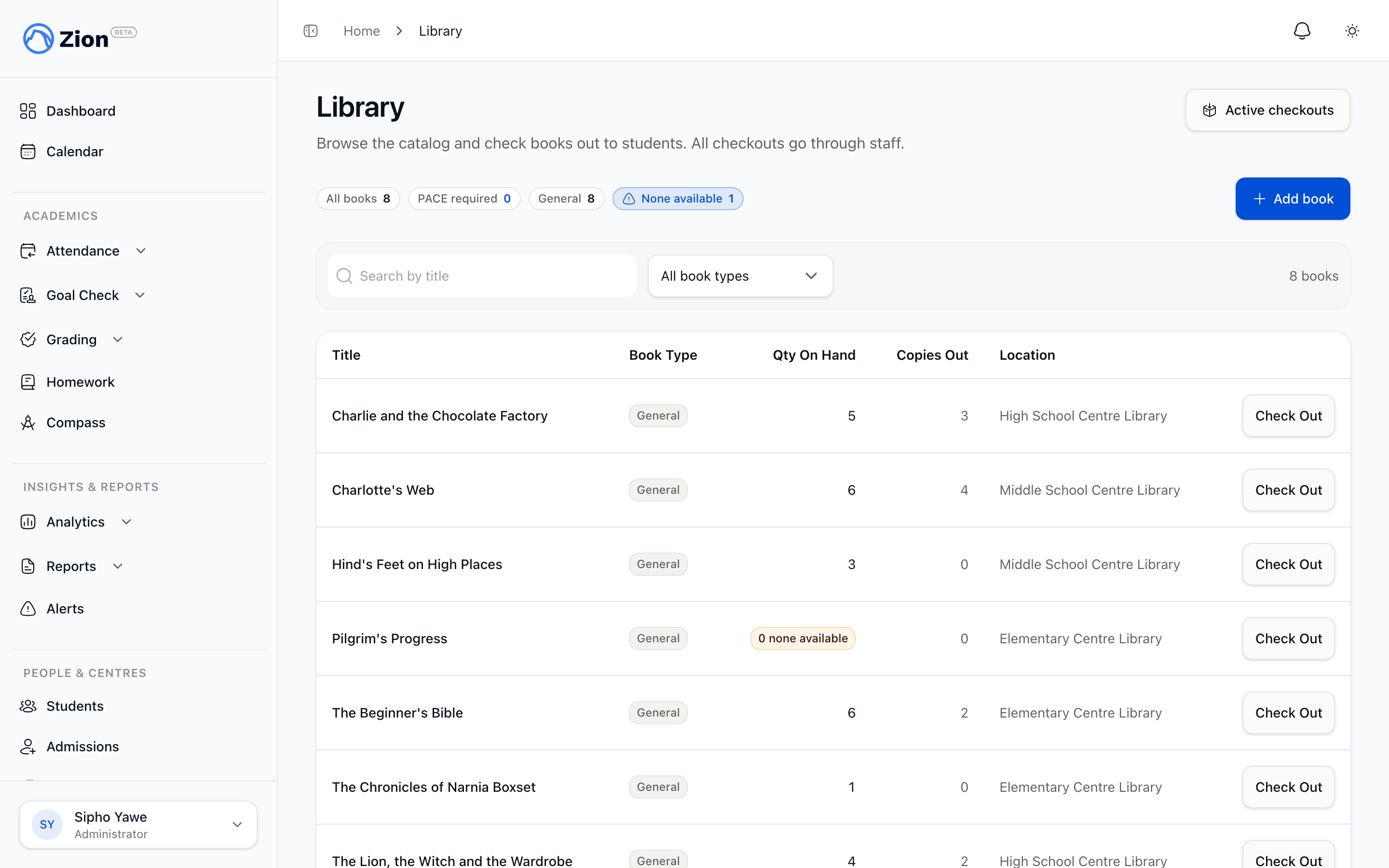A library catalog list showing book titles, book types, quantity on hand, and location