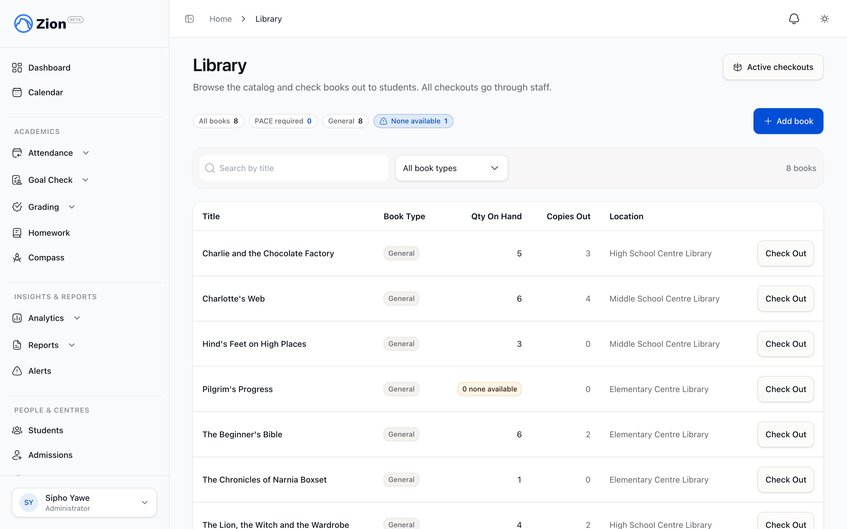 A library catalog list showing book titles, book types, quantity on hand, and location