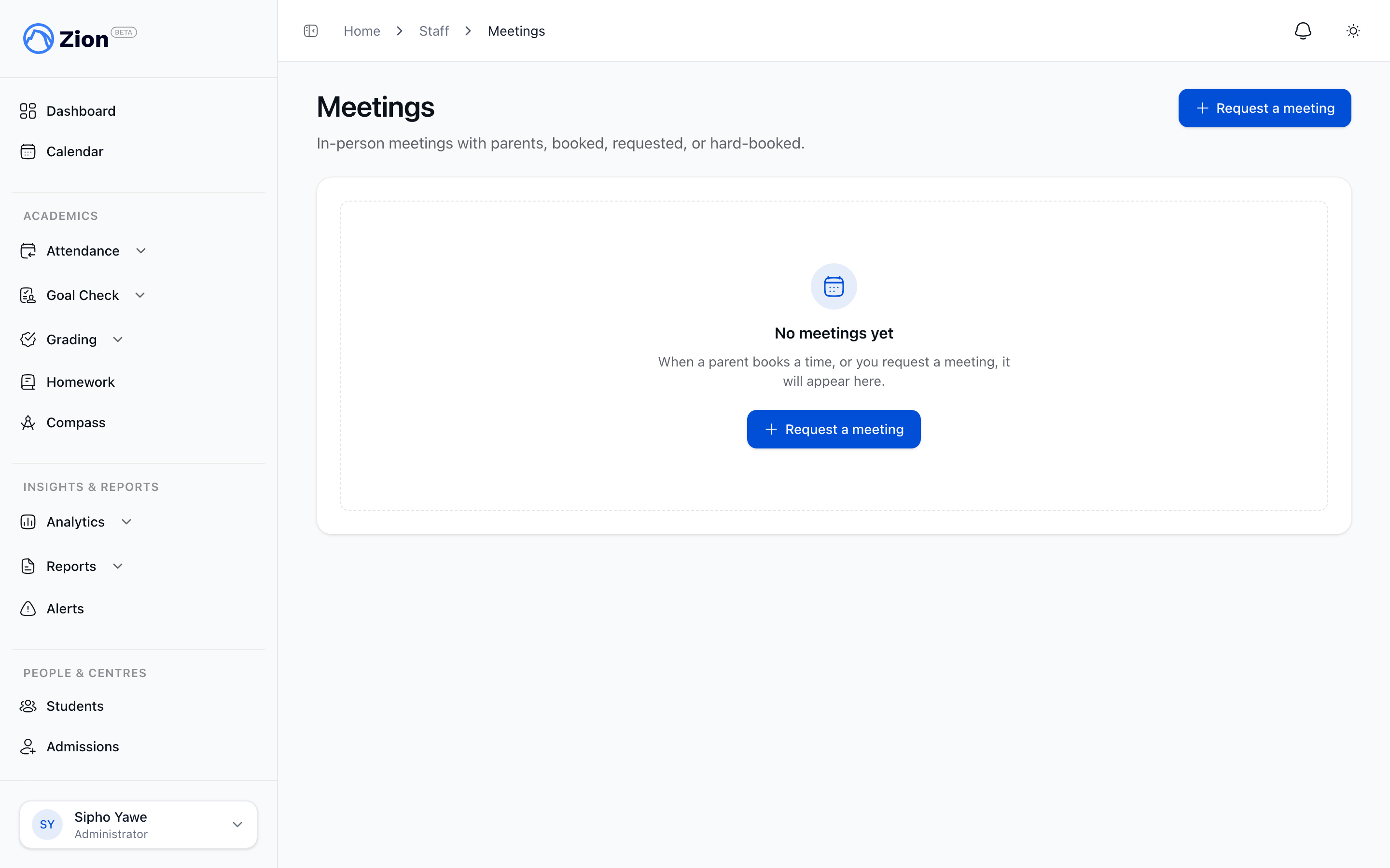 A staff view of a booked meeting with options to cancel, reschedule, and document