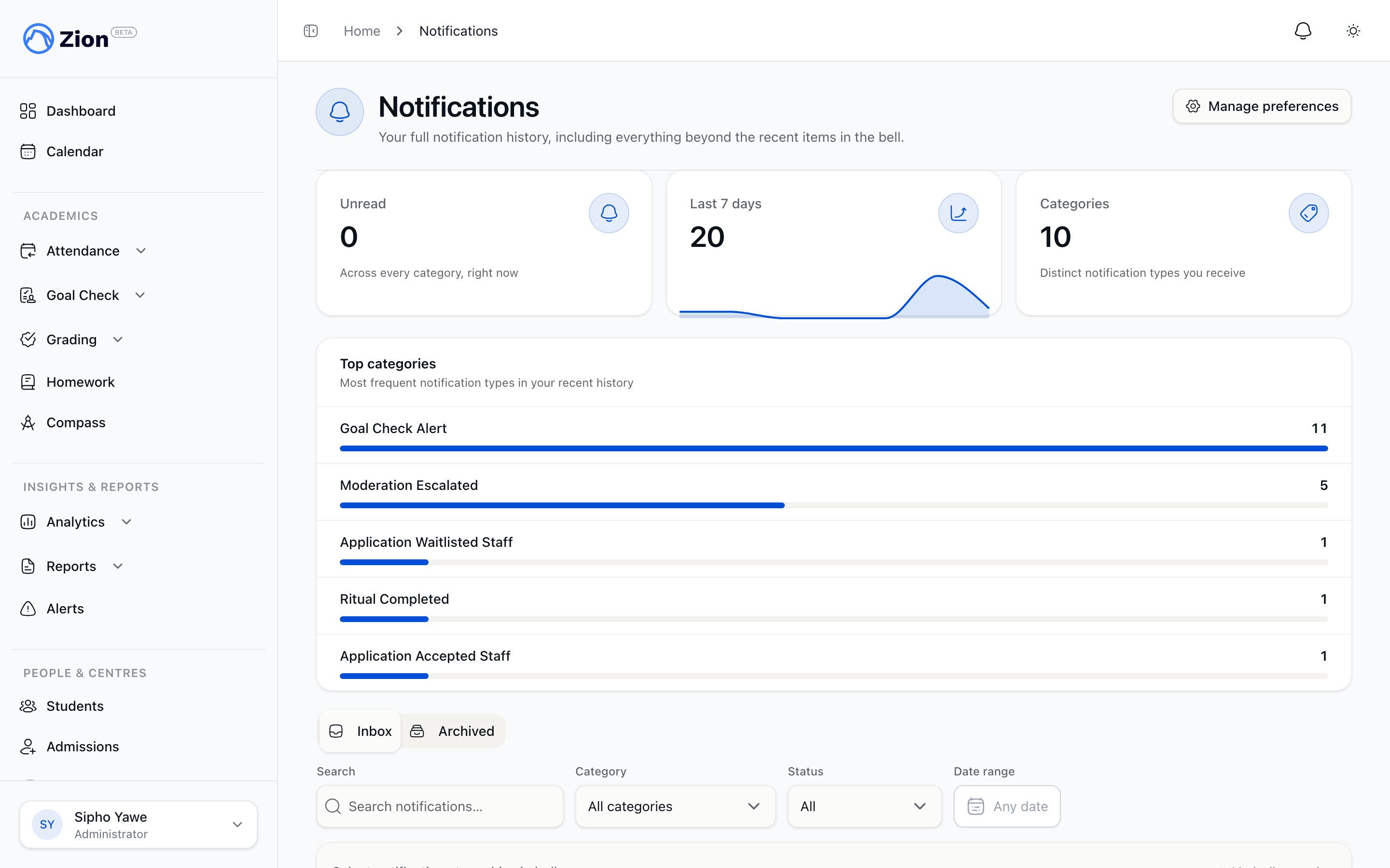 A list of notifications grouped by date with read and unread states