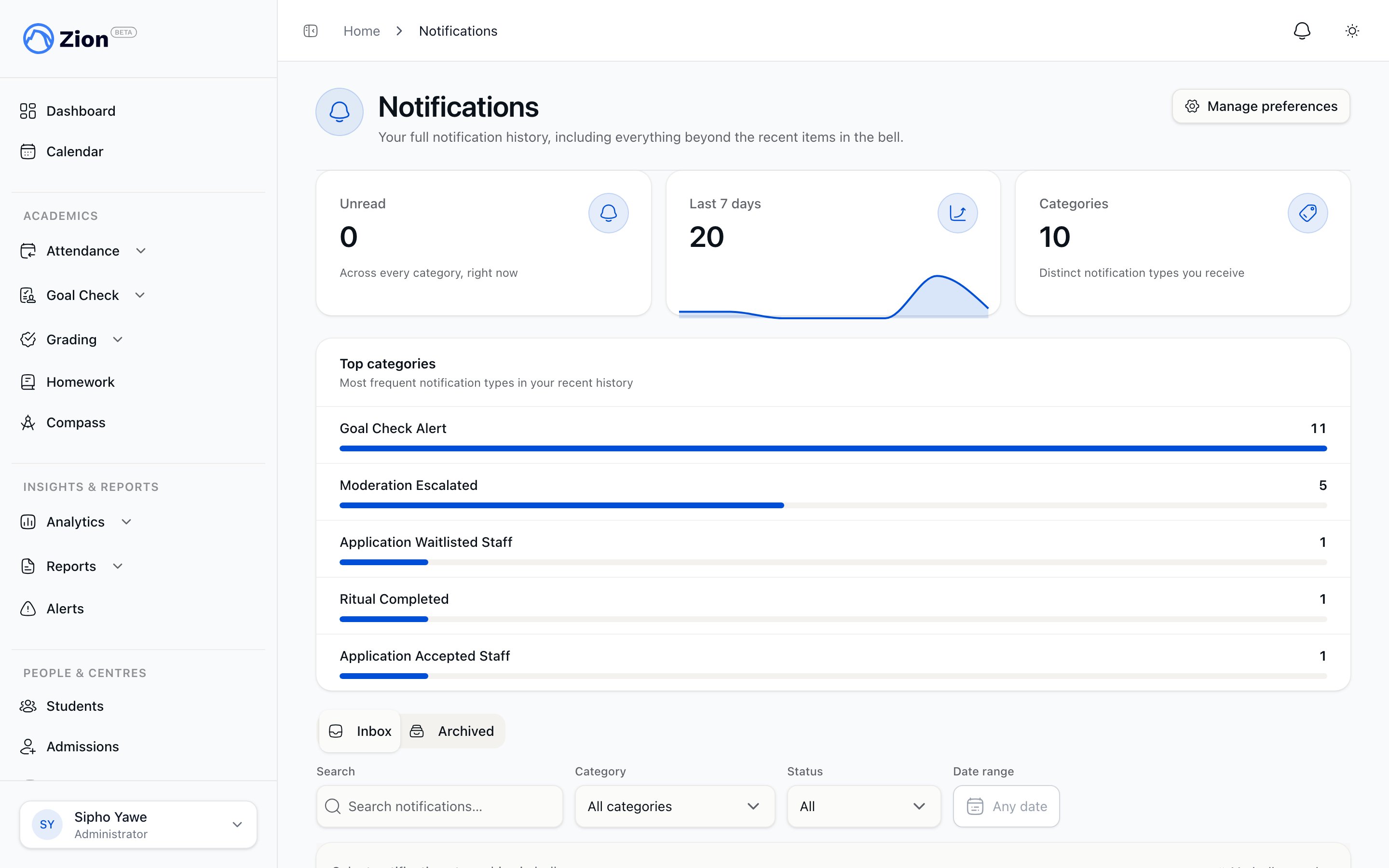 A list of notifications grouped by date with read and unread states