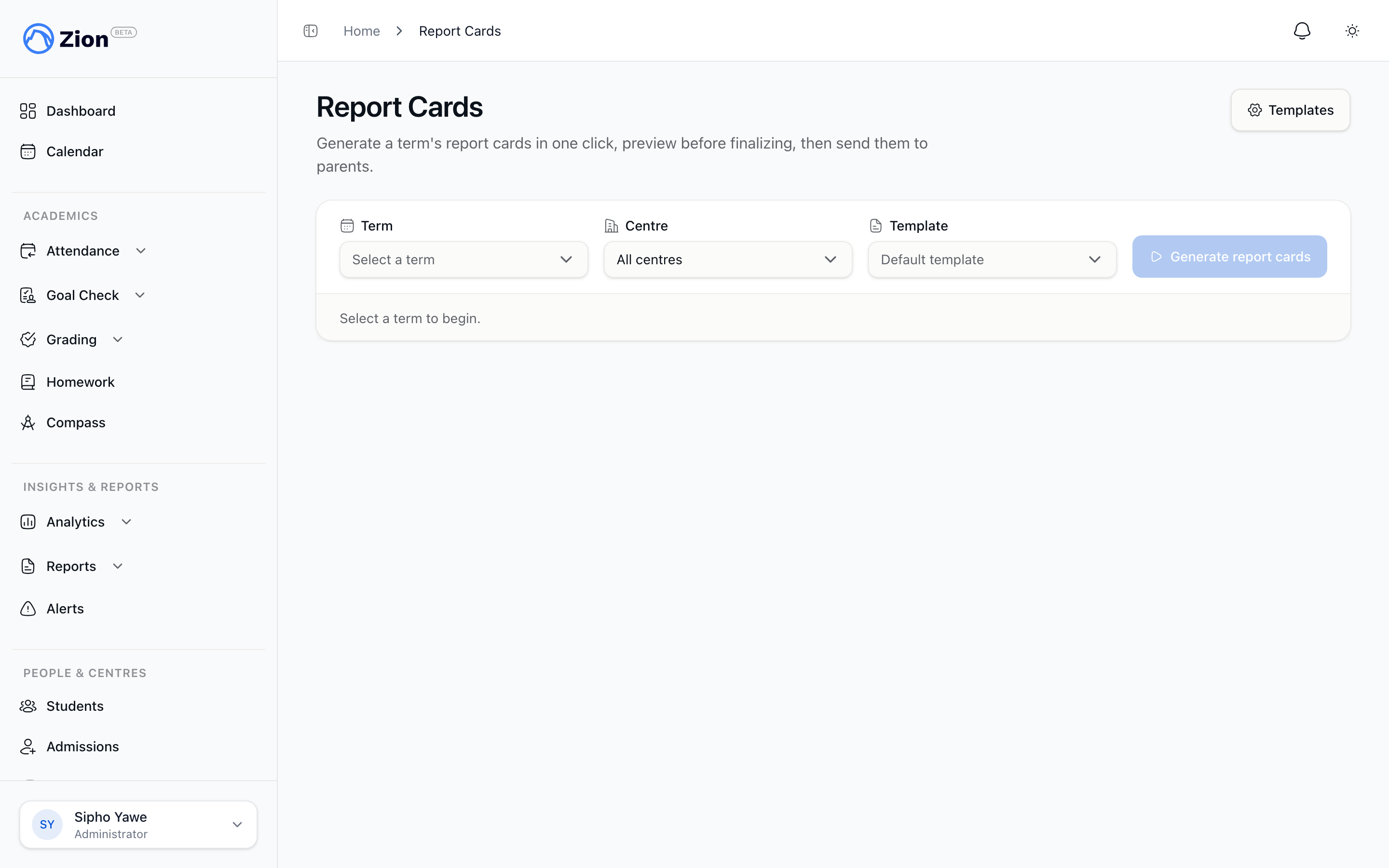 Report cards list with generated and sent status per student