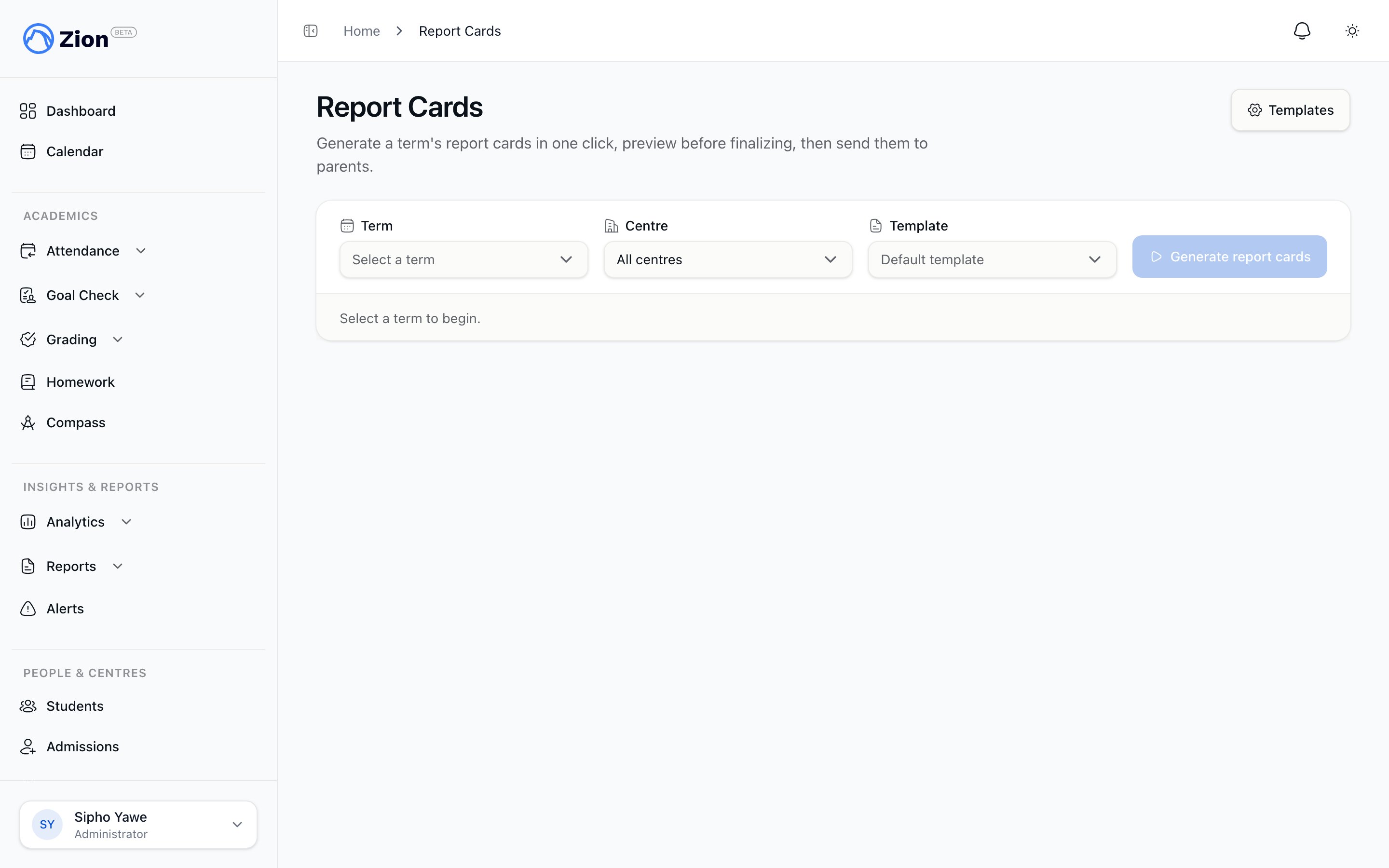 Report cards list with generated and sent status per student