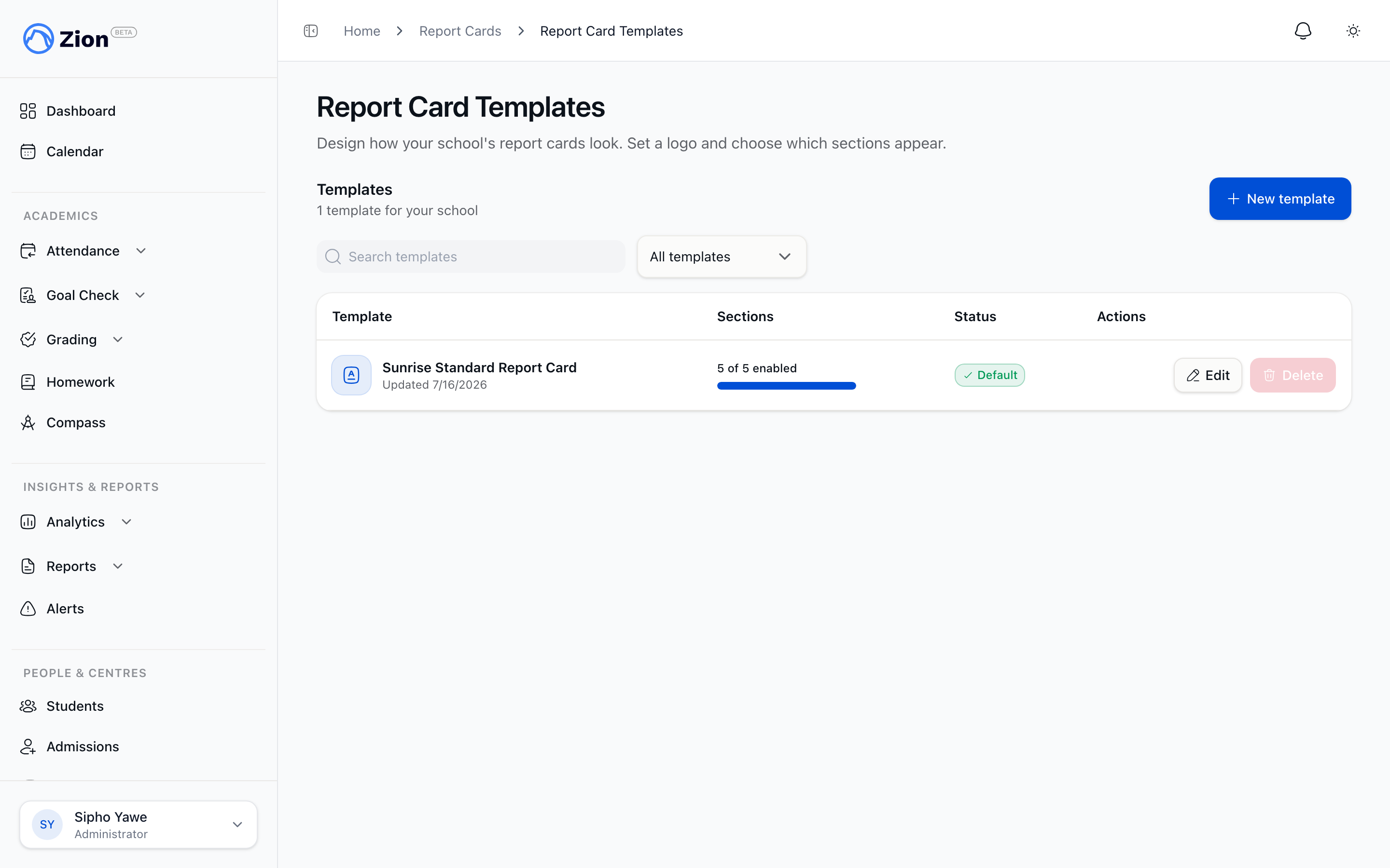 Report card template builder showing logo upload and section ordering controls