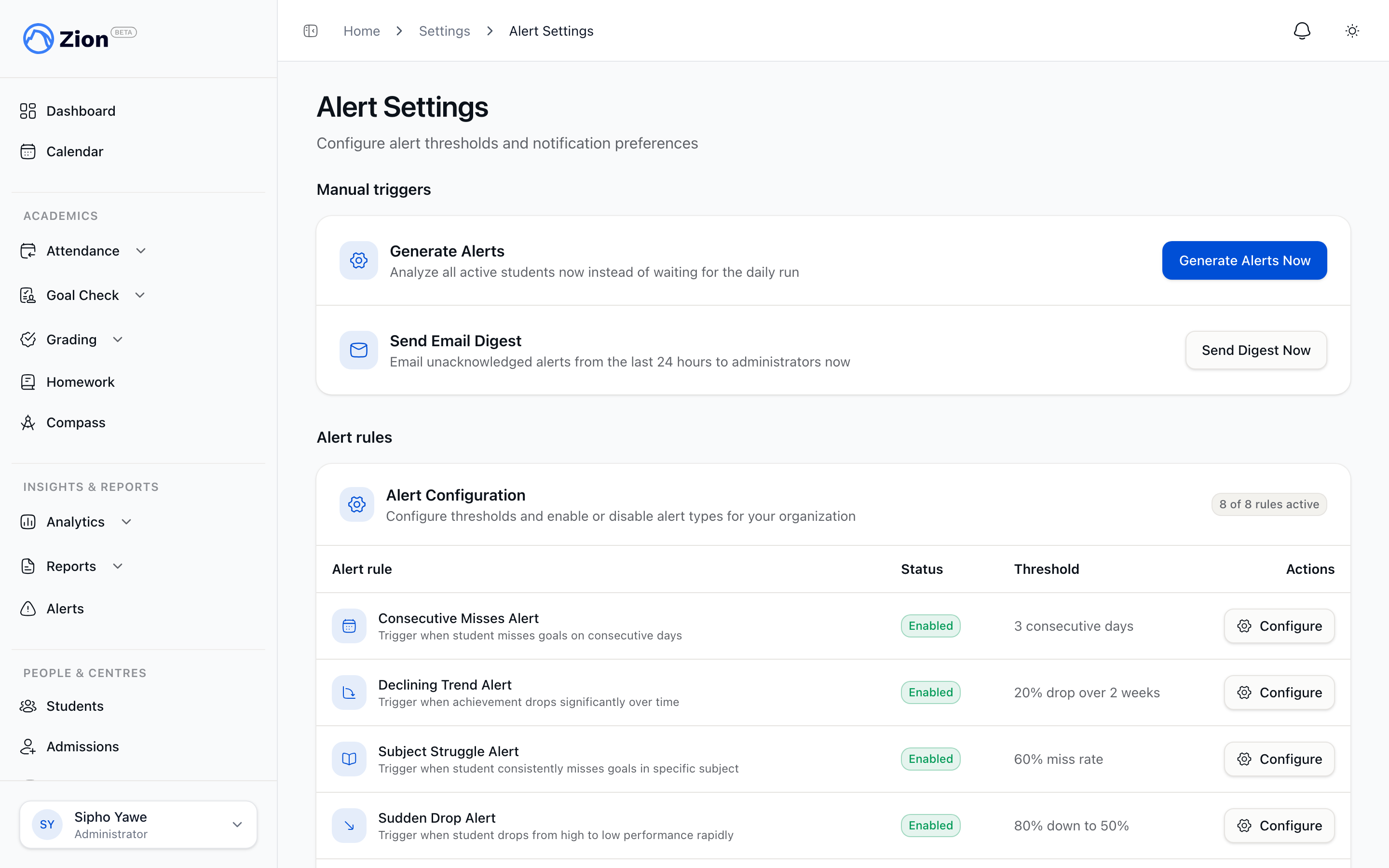 Alert threshold settings page listing default values for each alert type