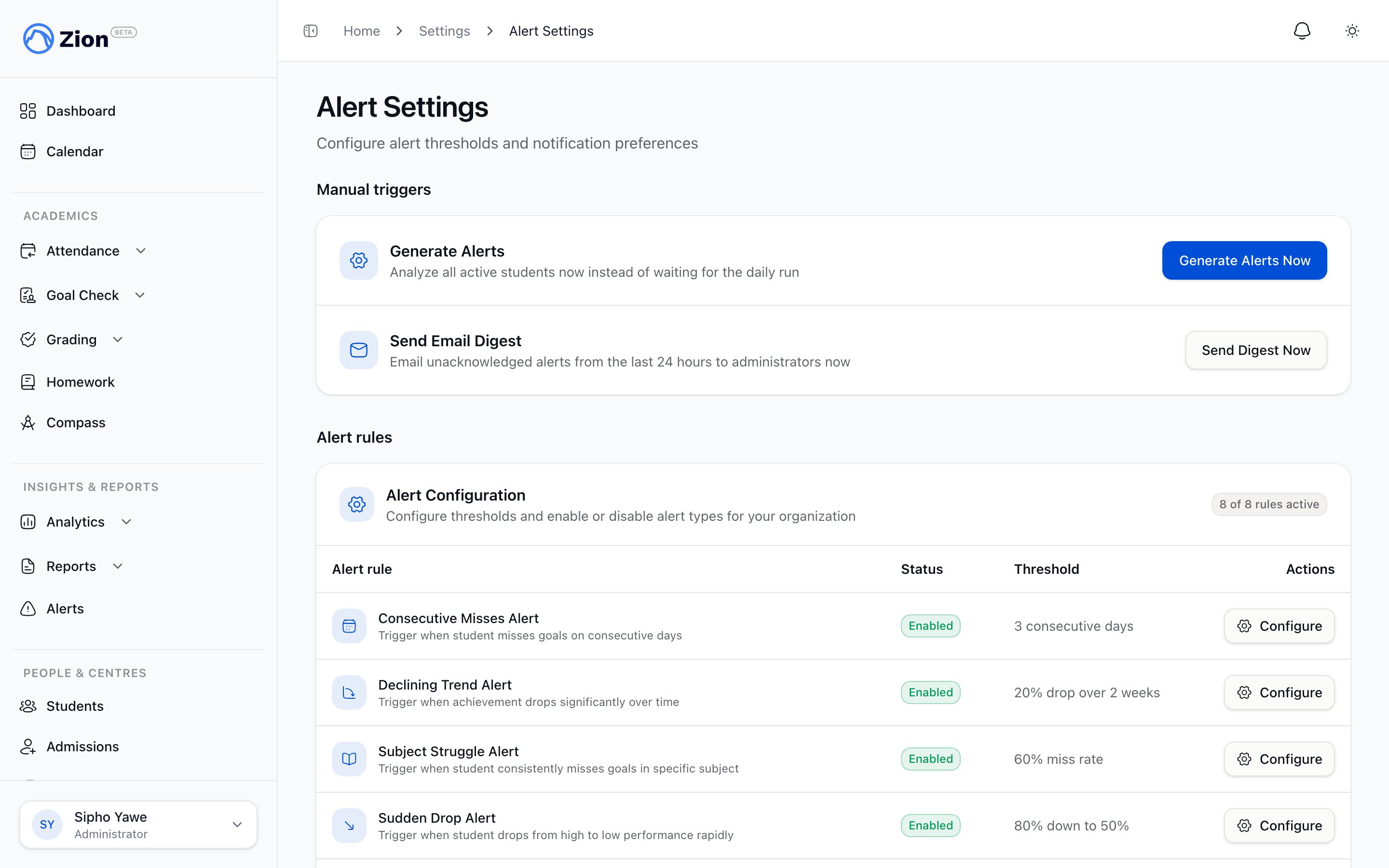 Alert threshold settings page listing default values for each alert type