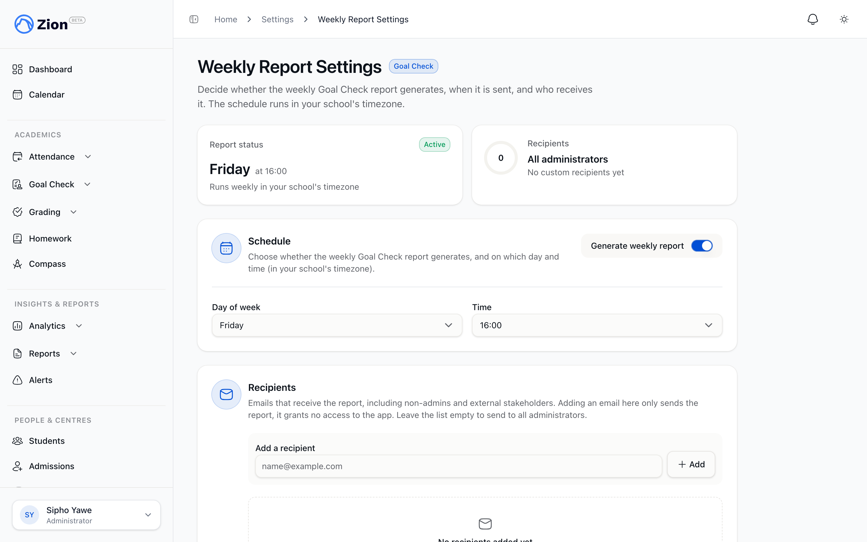 Weekly report settings page showing schedule and recipient list controls