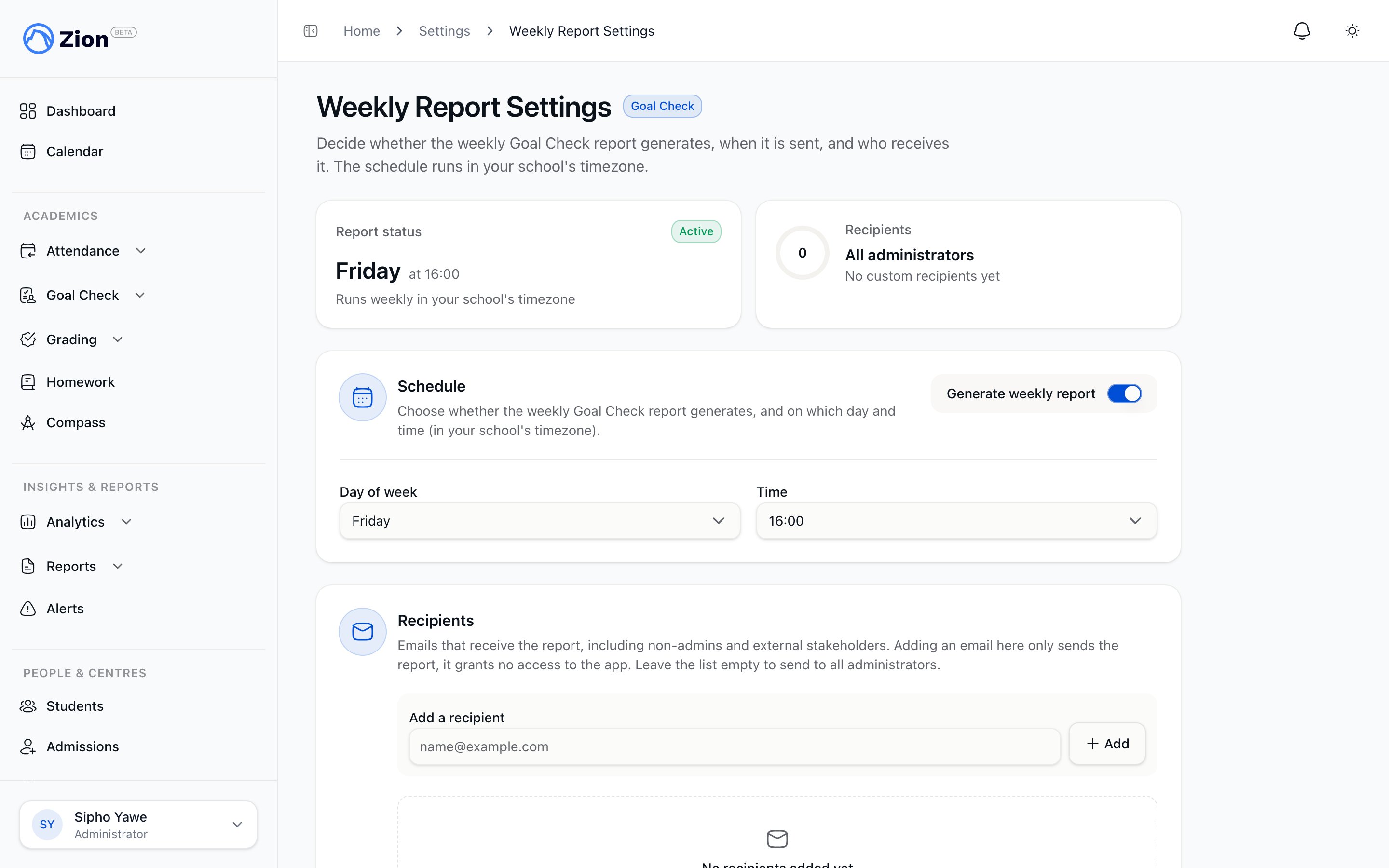 Weekly report settings page showing schedule and recipient list controls