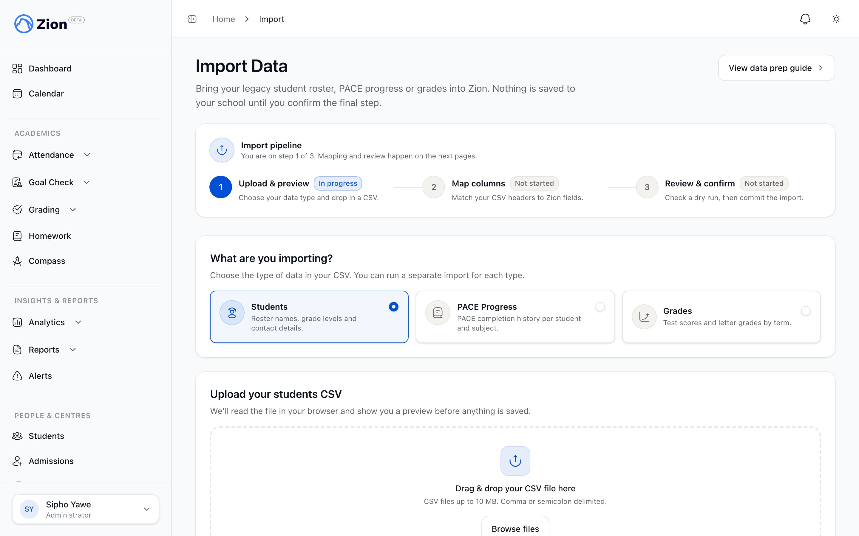 CSV bulk import dialog with template download and row results table