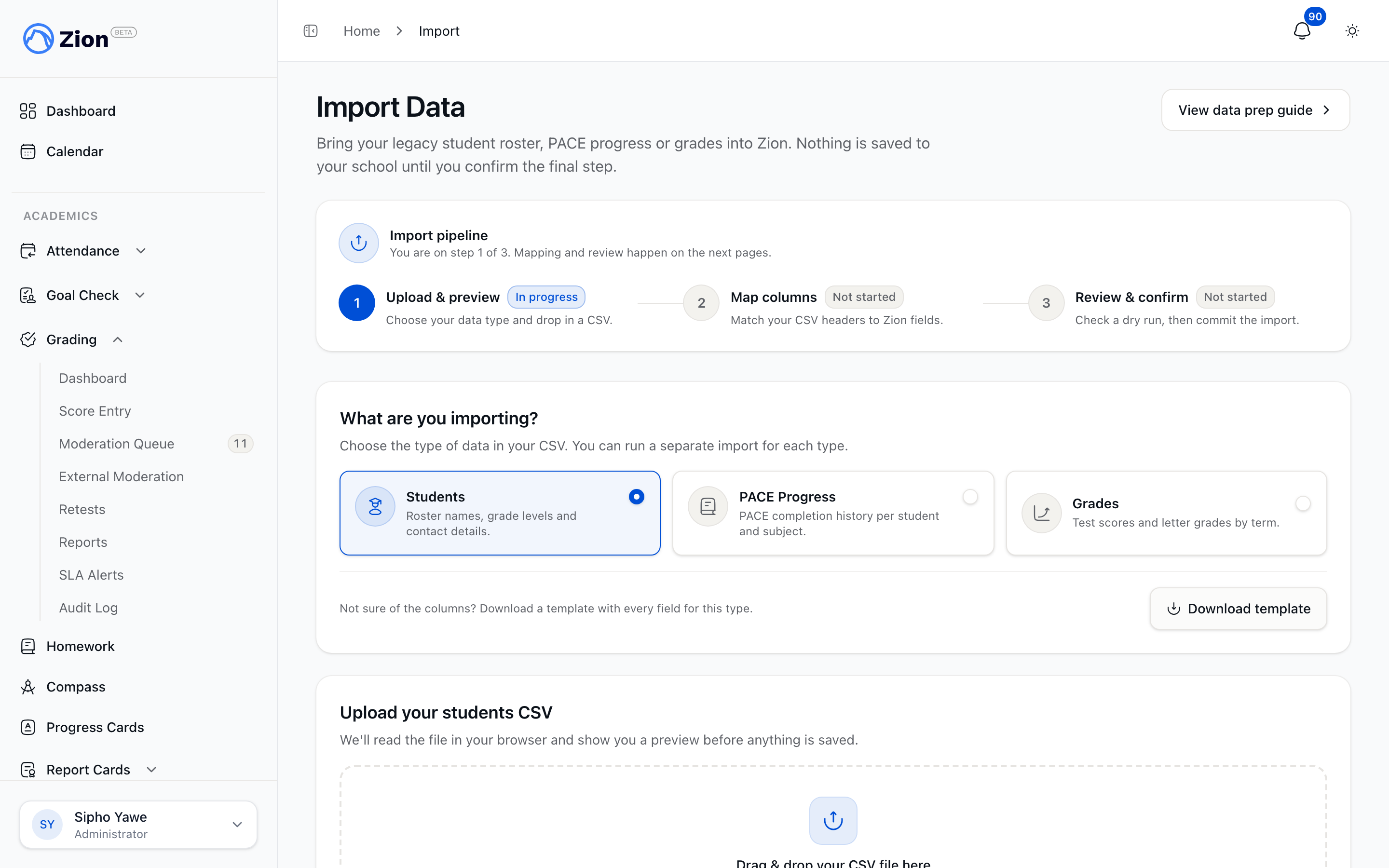 Import wizard showing the kind of data to import and the file upload step