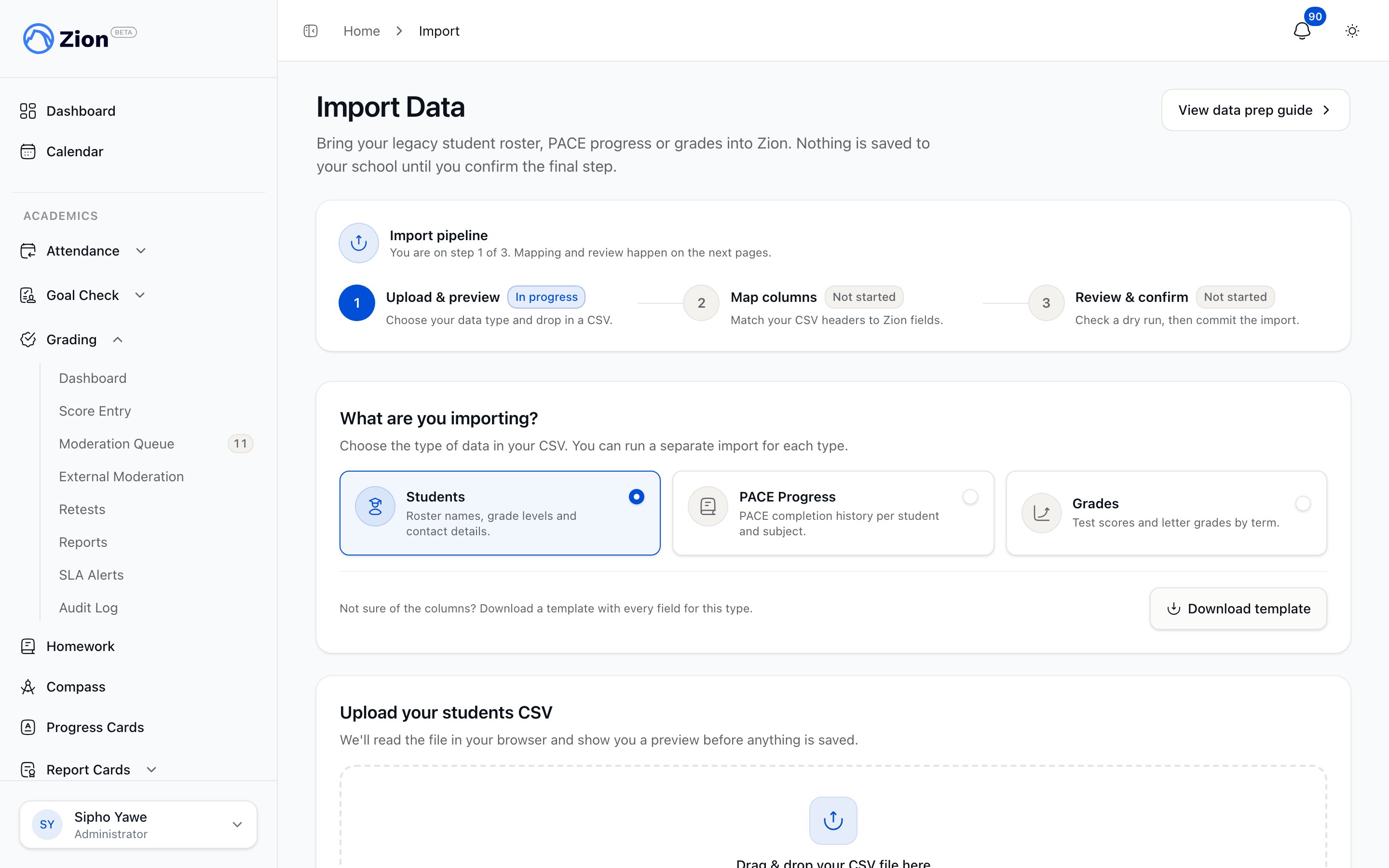 Import wizard showing the kind of data to import and the file upload step