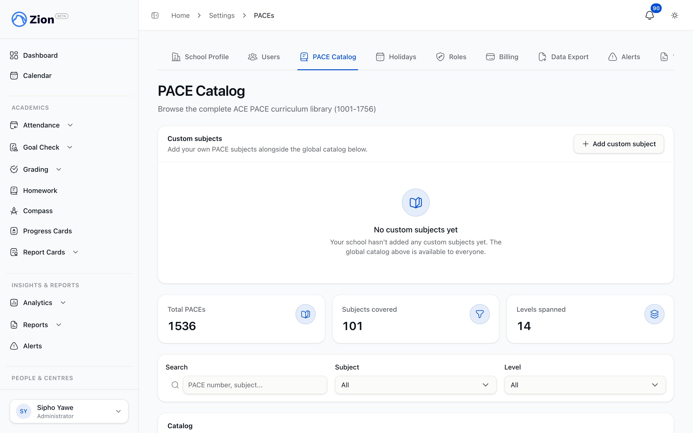 PACE catalog editor listing subjects and PACEs with controls for adding and editing them
