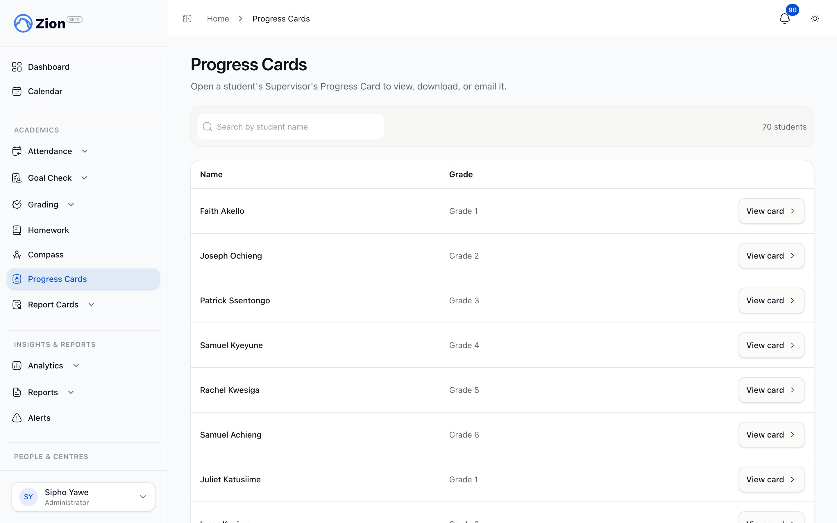 Progress Cards list showing student names, grades, and a View card link for each row