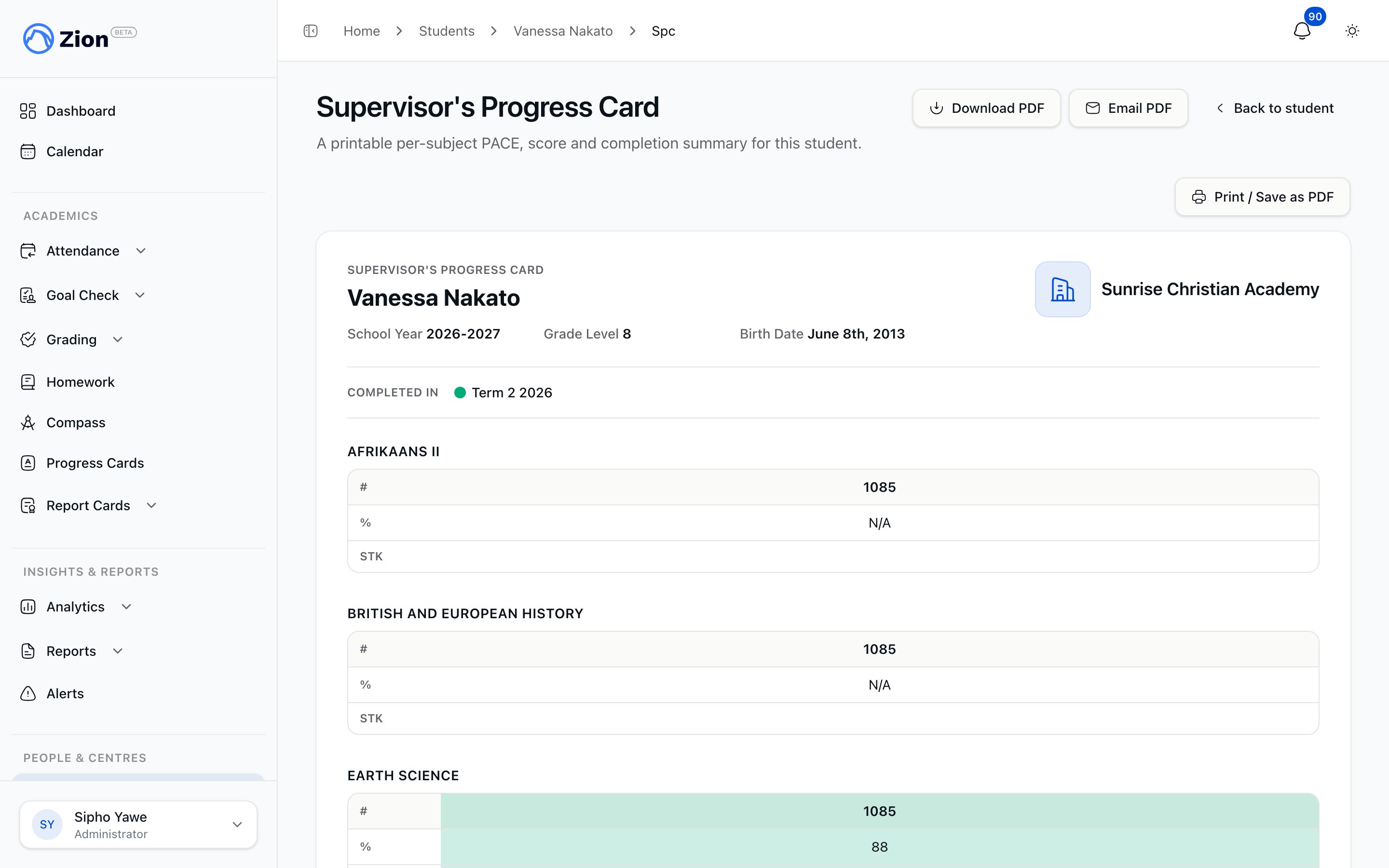 Supervisor's Progress Card for a student, showing the completed-in term legend and per-subject PACE rows with numbers and scores