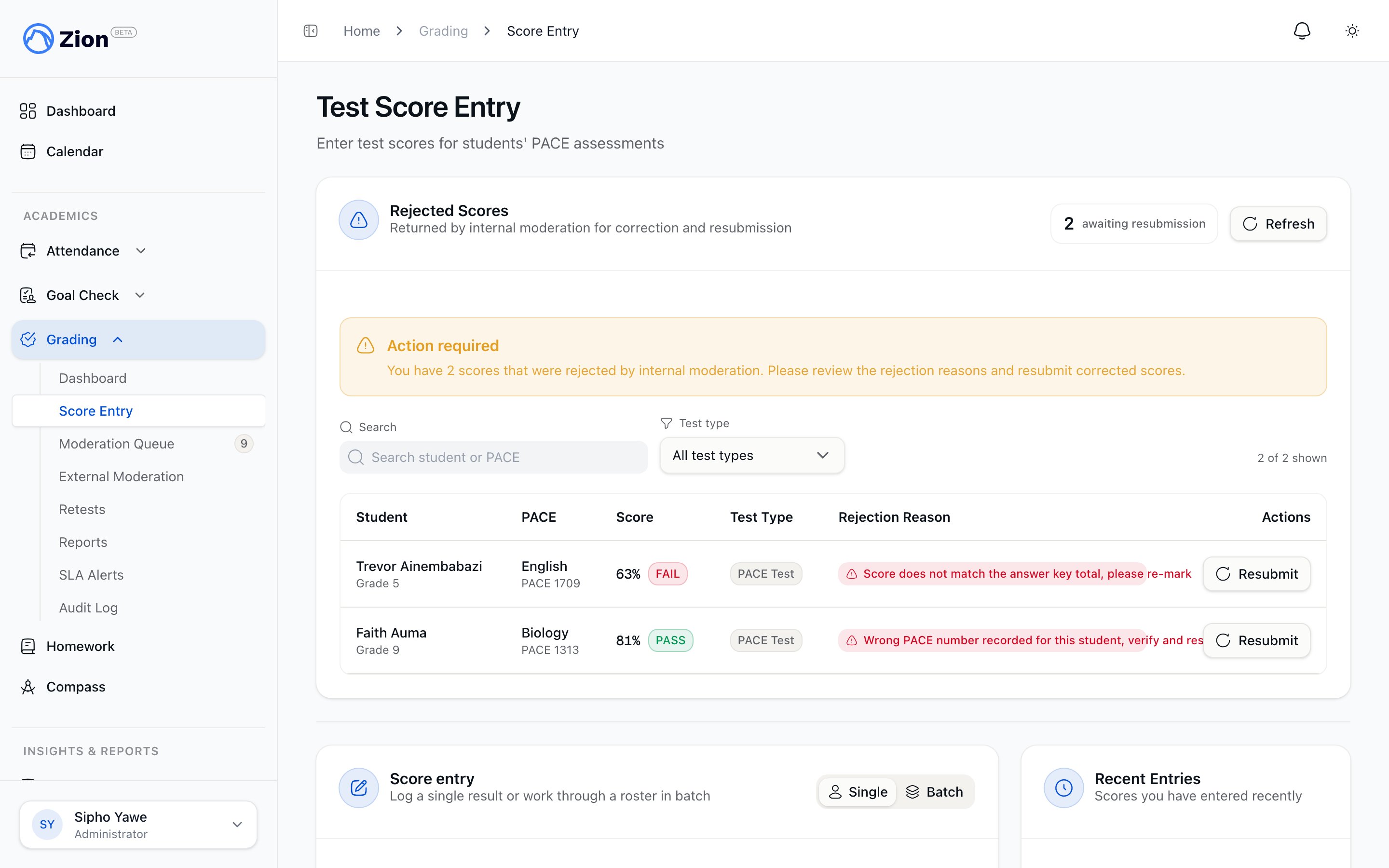 Zion test score entry page with the rejected scores panel and single or batch entry