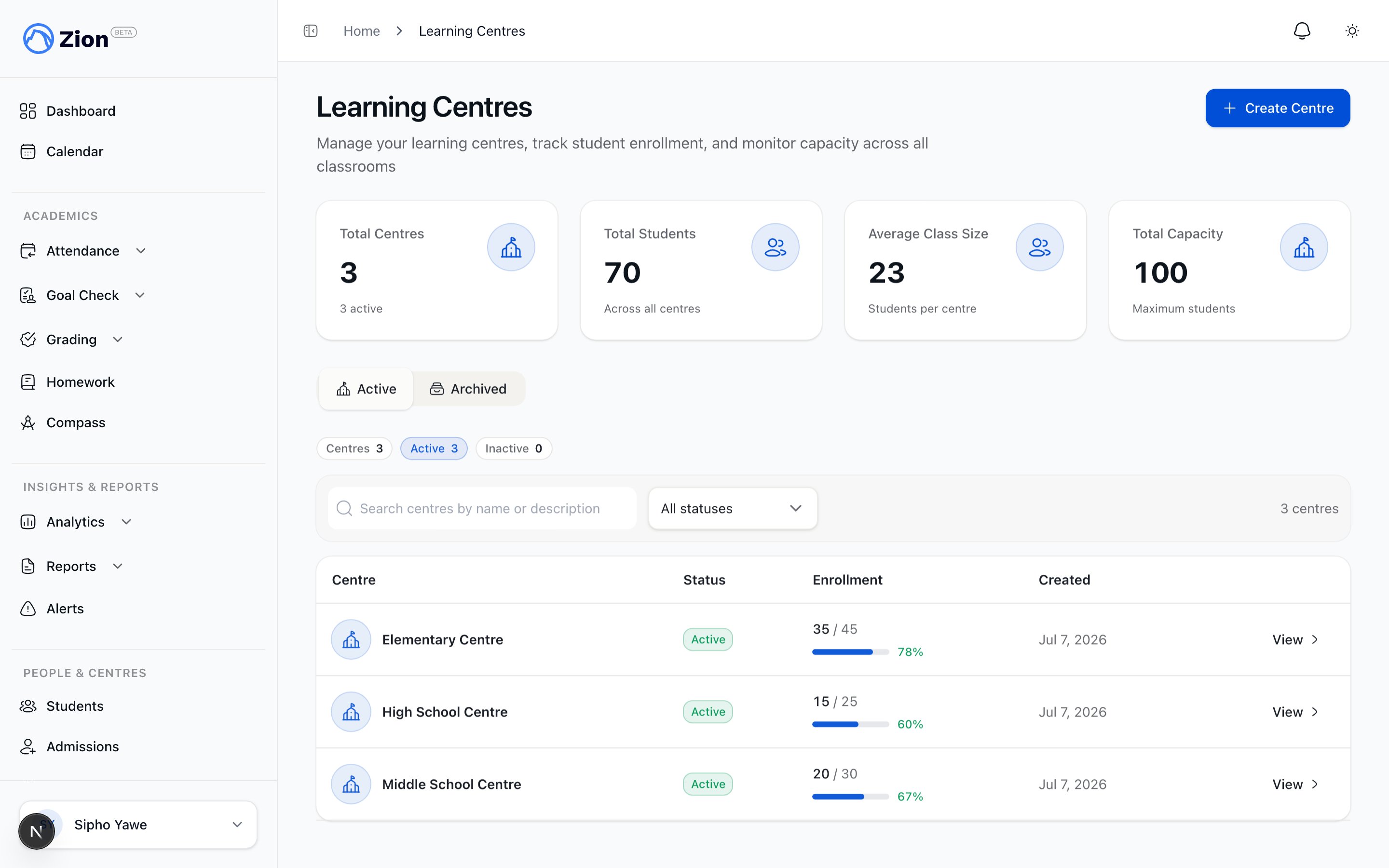 Zion learning centres page showing centre cards with student count and capacity