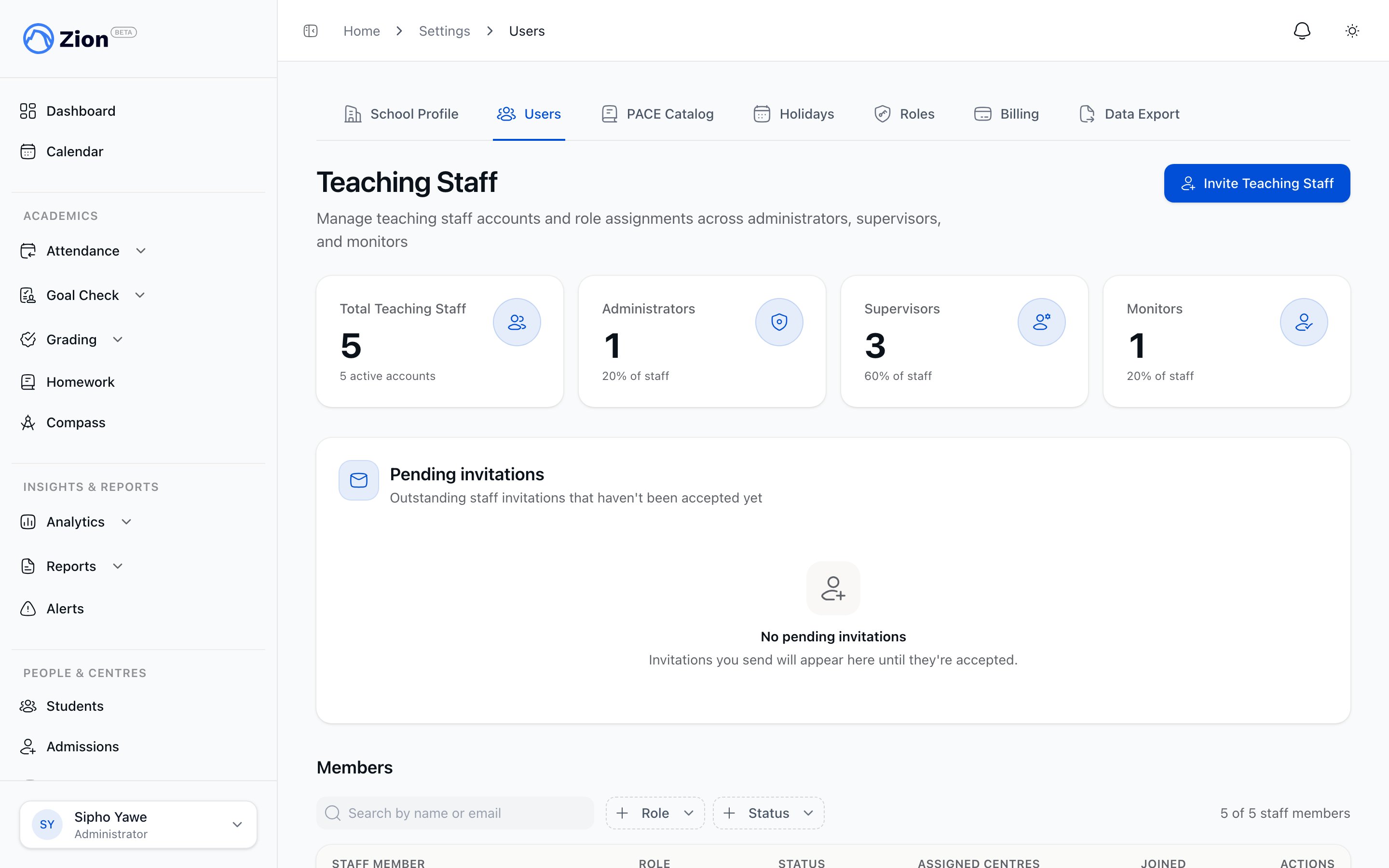 Zion staff management page listing teaching staff with an invite button