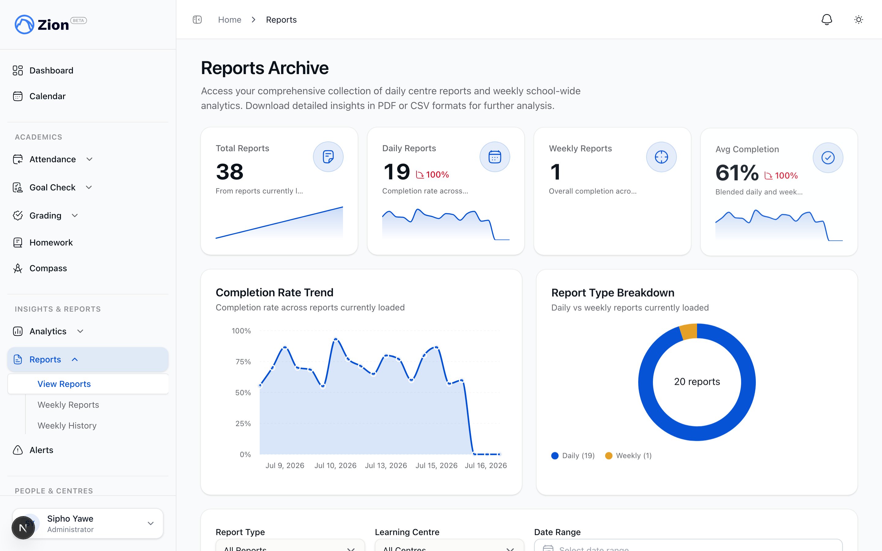 Zion reports page listing Goal Check, attendance, grading, and report card outputs