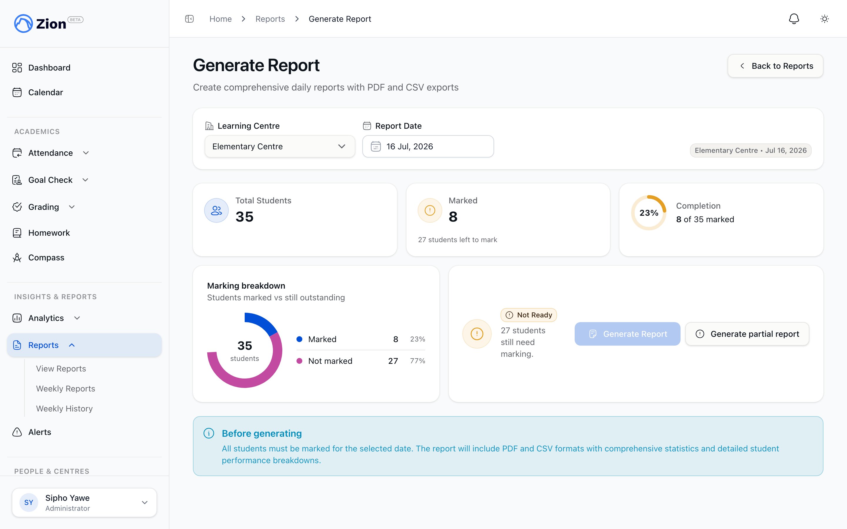 Zion report generation screen with centre, date, and readiness indicator