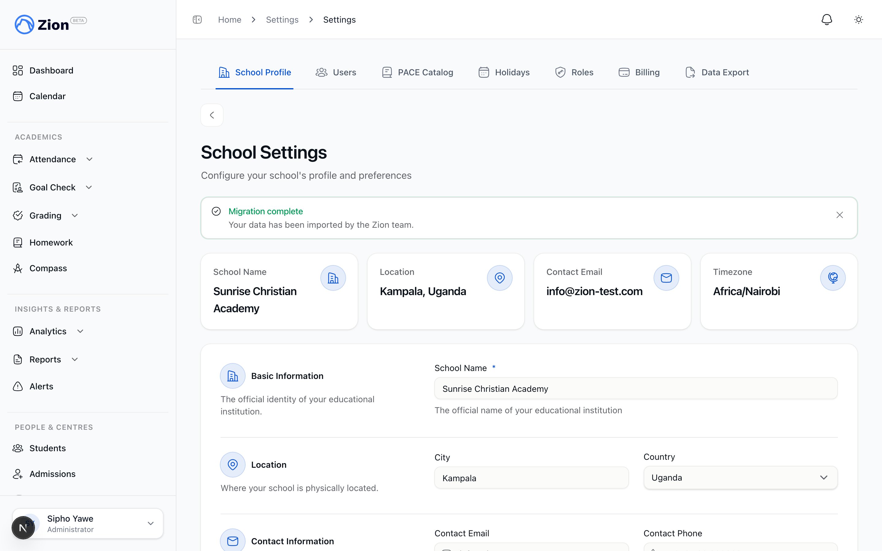 Zion school profile settings page showing name, contact details, and toggles