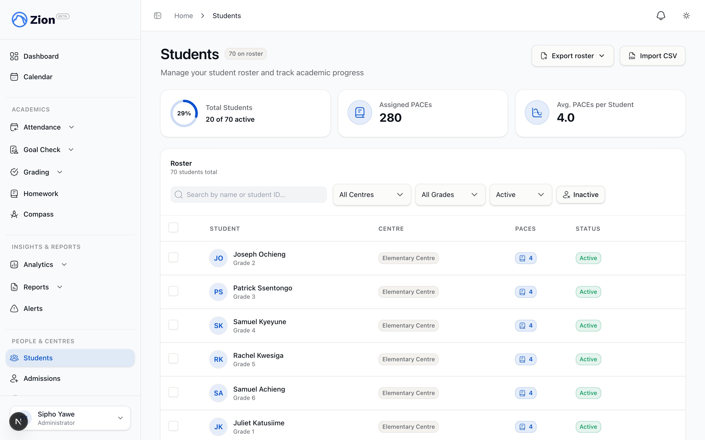 Zion students page showing the full roster with status badges
