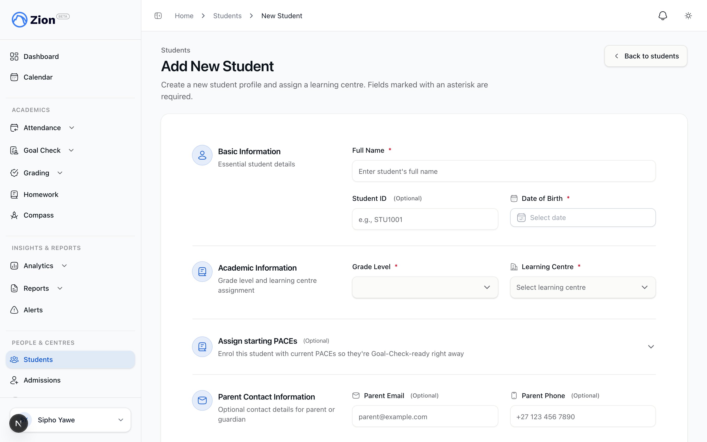 Zion add student dialog with roster fields filled in