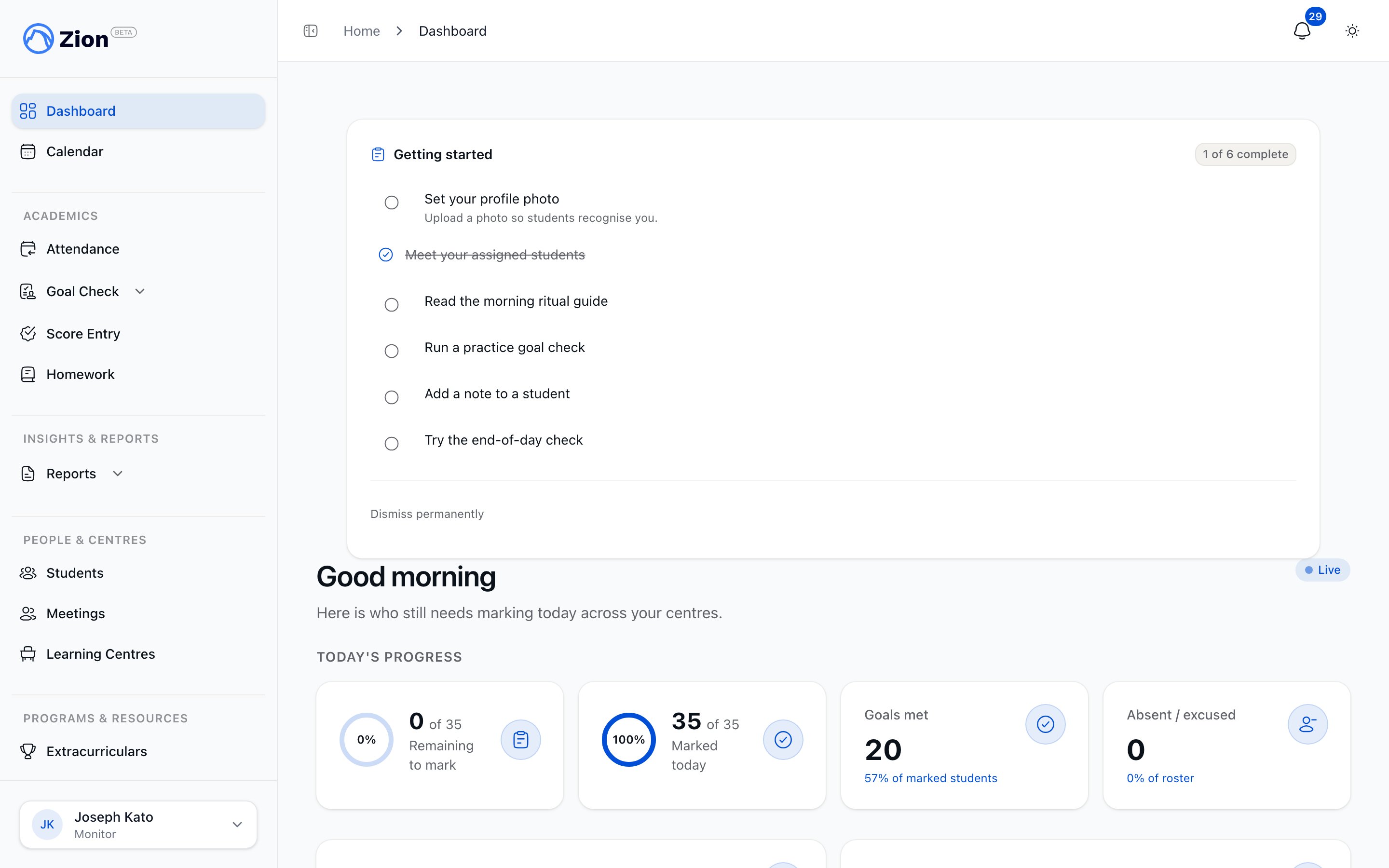 Monitor dashboard showing the Today's Routine card and daily task widgets