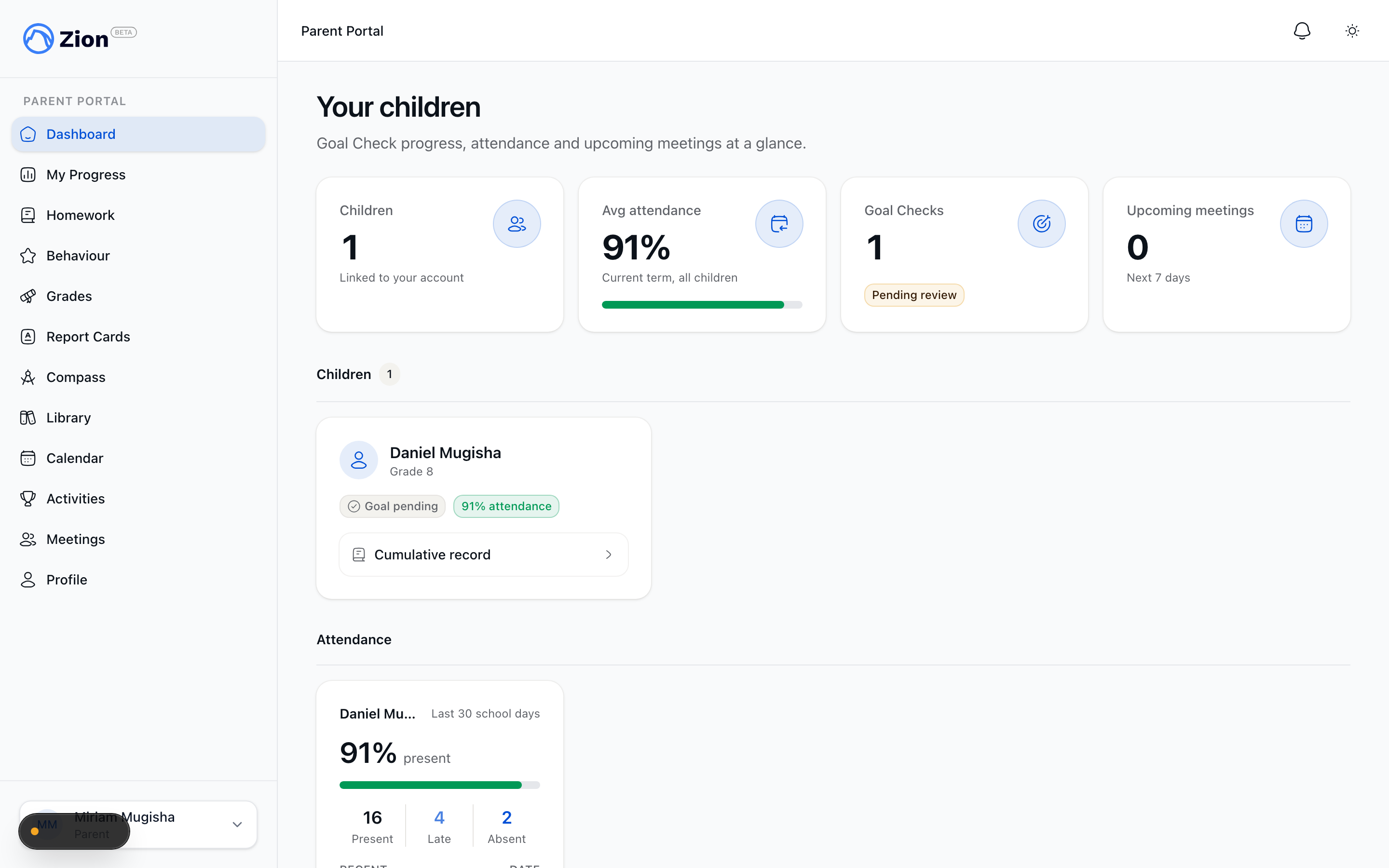 Parent dashboard showing a card per linked child with attendance and homework widgets