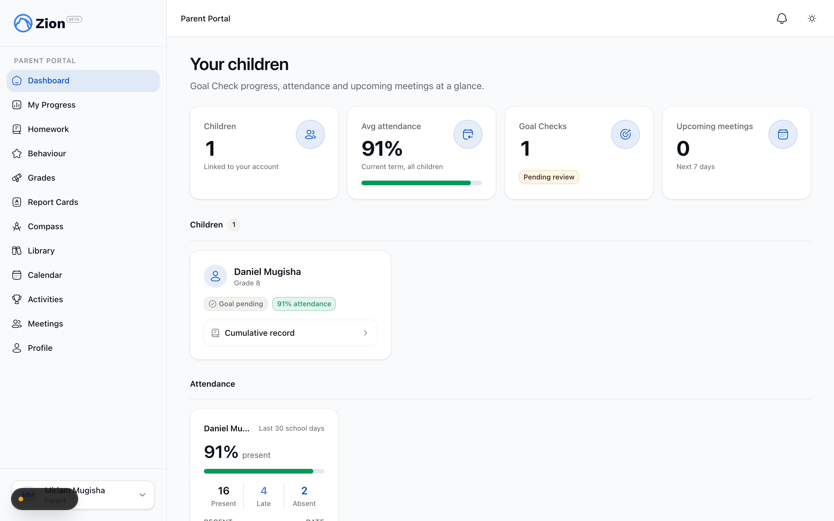 Parent portal dashboard showing one card per linked child